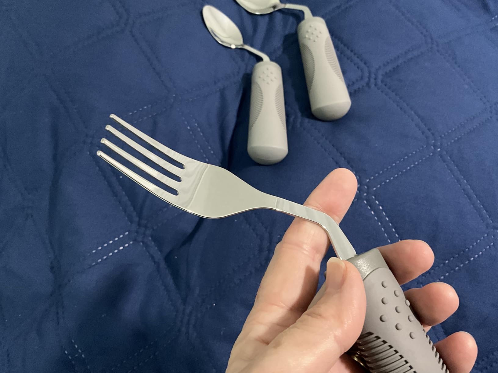 4-Piece Adaptive Utensils Set - 42° Angled Parkinsons Utensils, 2.5 oz Weighted Utensils for Hand Tremors and Parkinsons Patients, Weighted Silverware for Hand Tremors (Grey: Right-Handed) customer photo 2