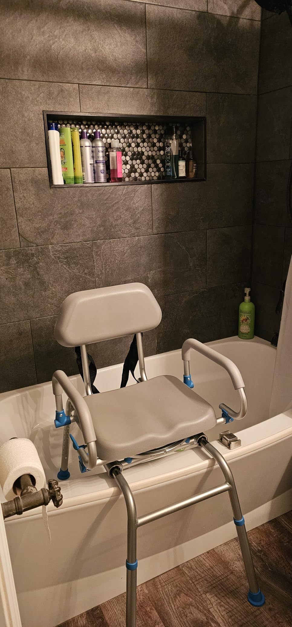 FSA/HSA Eligible Sliding Shower Chair Tub Transfer Bench for Bathtub with Swivel Seat, Padded Shower Bench with Pivoting Arms, Height Adjustable Shower Seat, 350 lbs, Blue, Standard customer photo 1