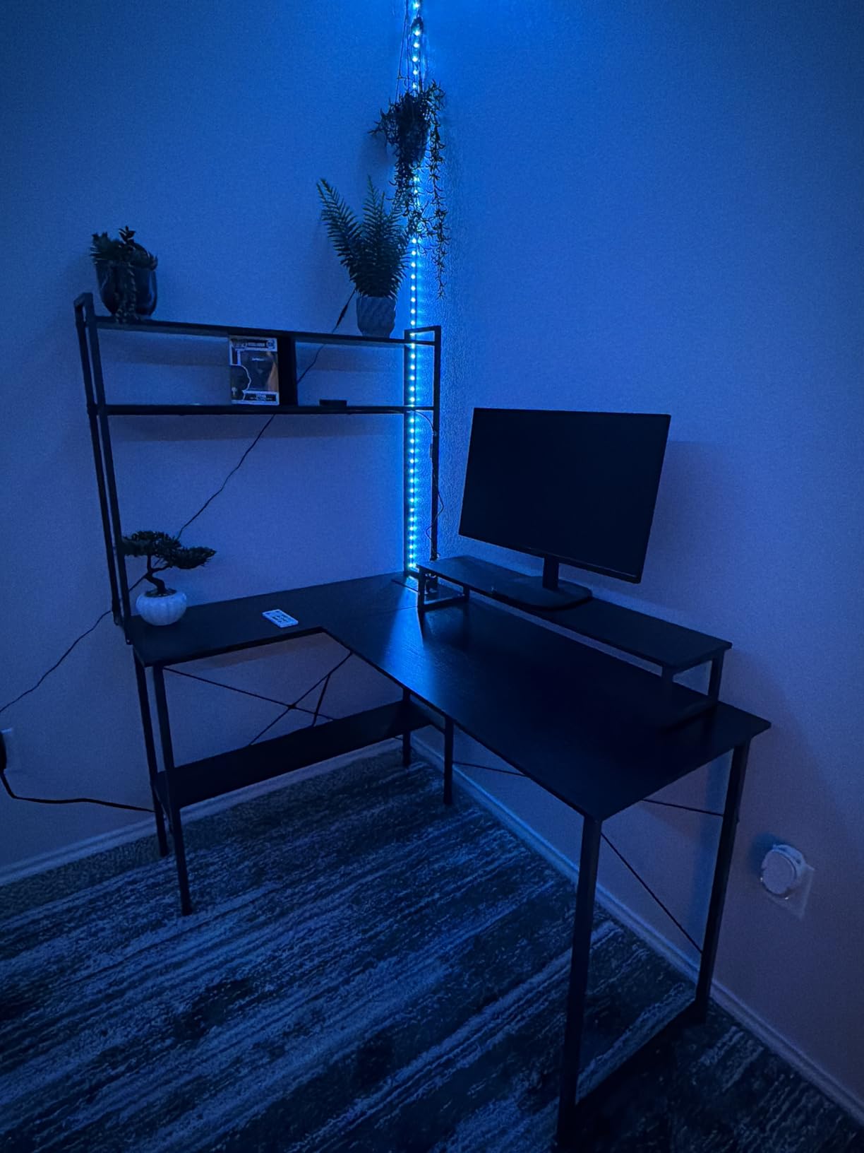 Aheaplus L Shaped Gaming Desk with Power Outlets & LED Lights, Small L- Shaped Desk Computer Corner Desk with Monitor Stand & Storage Shelf, Home Office Desk Writing Desk with Storage Bag, Black customer photo 2
