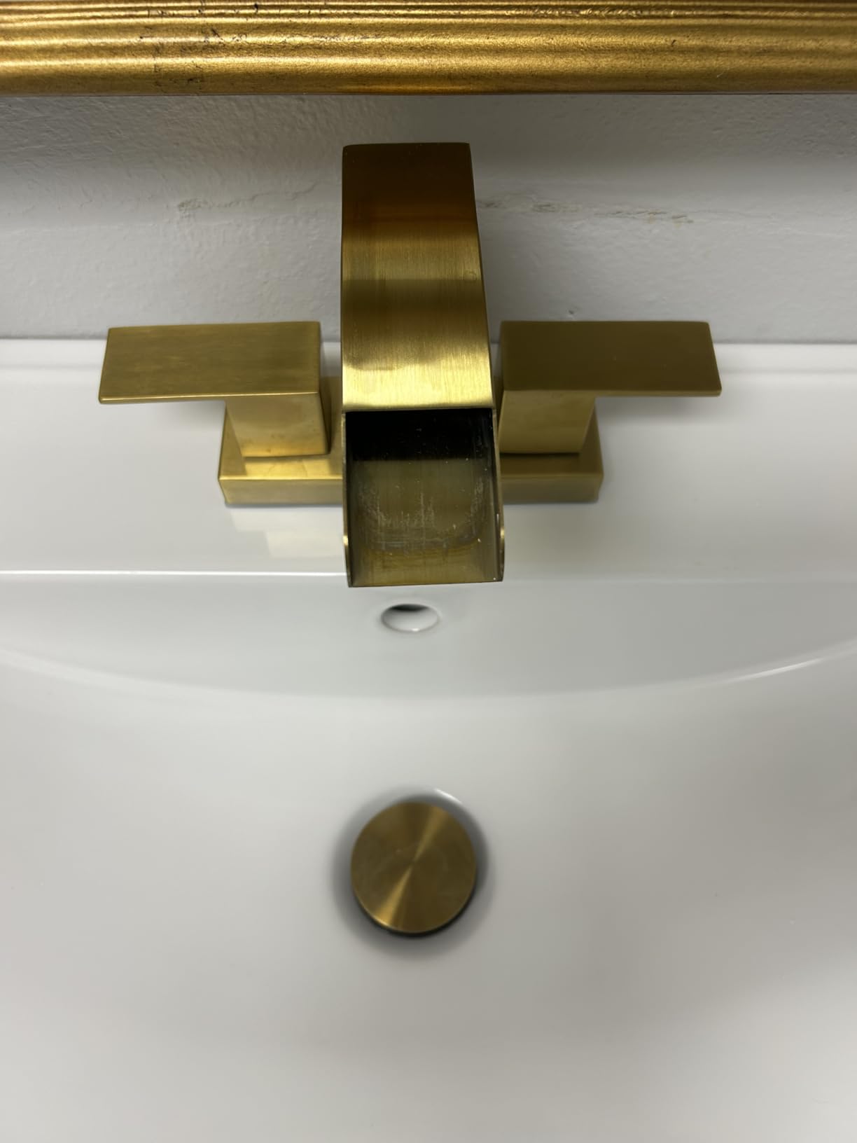 Cobbe Waterfall Bathroom Faucets 3 Hole, Matte Black Bathroom Sink Faucet Square 4 Inch Centerset with Pop-Up Drain, 2 Handle and 2 Supply Hoses, Lead-Free Stainless Steel for Vanity Sink Rv customer photo 2