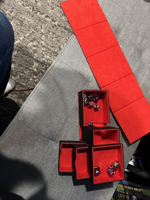 Dice Tray & Dice Tower Storage Box, 3 in 1 Dice Holder Case (Dice Rolling Tray, Dice Rolling Tower, Dice Storage Drawers), Leather Magnetic Closure DND Accessories Gifts for RPG MTG, Black/Red customer photo 2