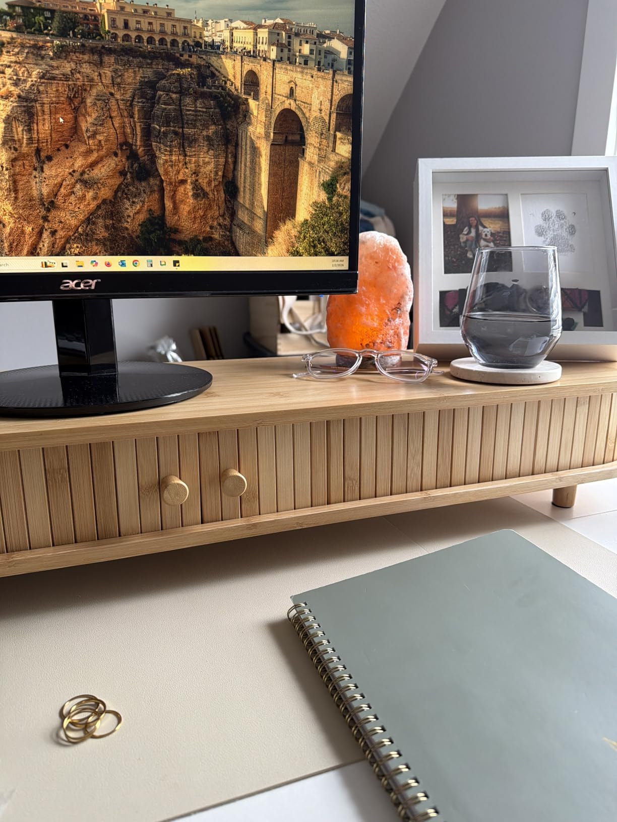 Bamboo Monitor Stand with Storage, Curved Computer Laptop Stand Desk Shelf Organizer with Sliding Doors (25 inch) customer photo 2
