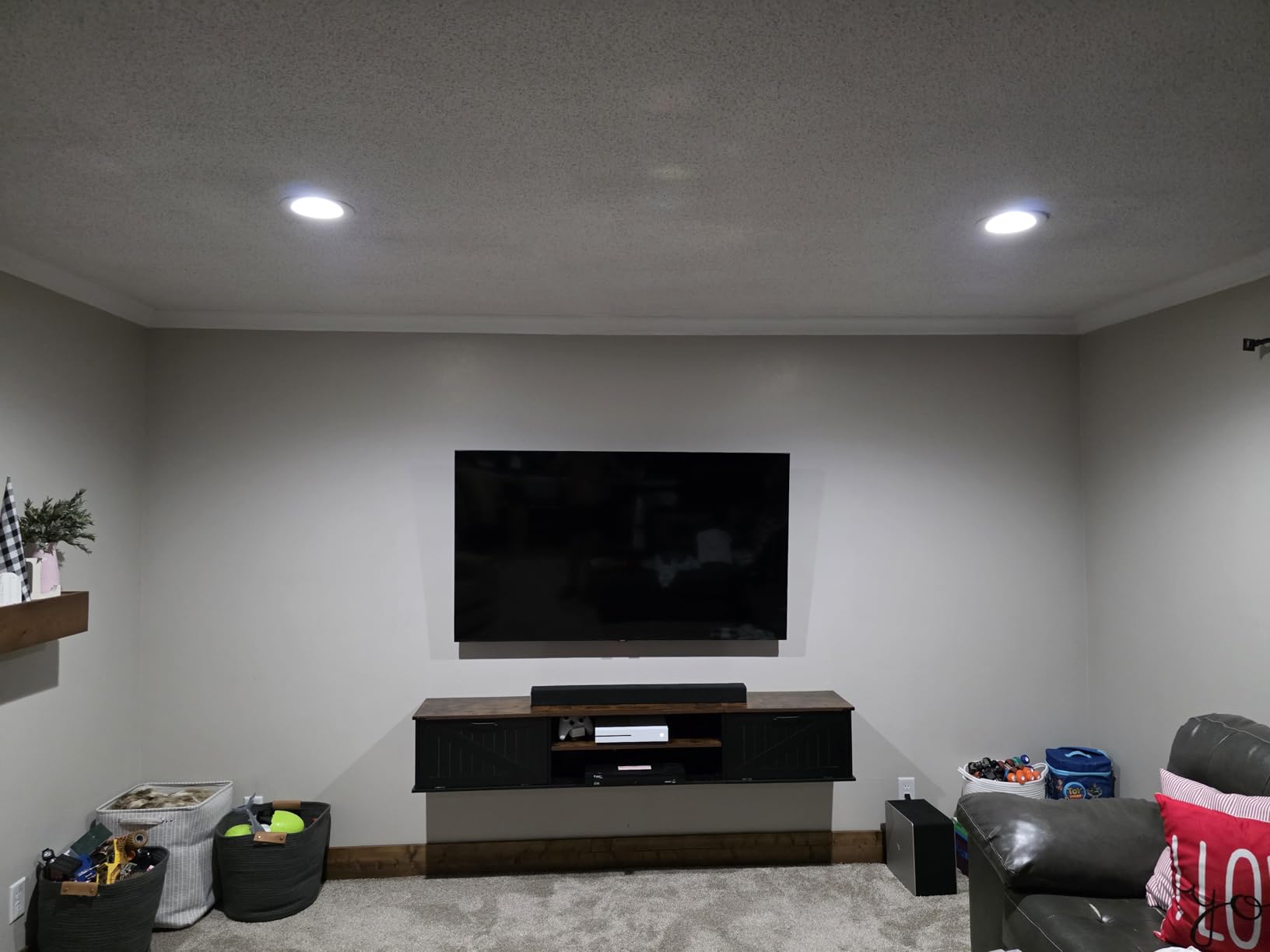 Floating TV Stand with Doors, 63'' Farmhouse Floating TV Shelf for TVs up to 80 Inch, 2 Tier Wall Mounted TV Stand, Floating Entertainment Center, TV Floating Cabinet for Living Room, Bedroom, White customer photo 1
