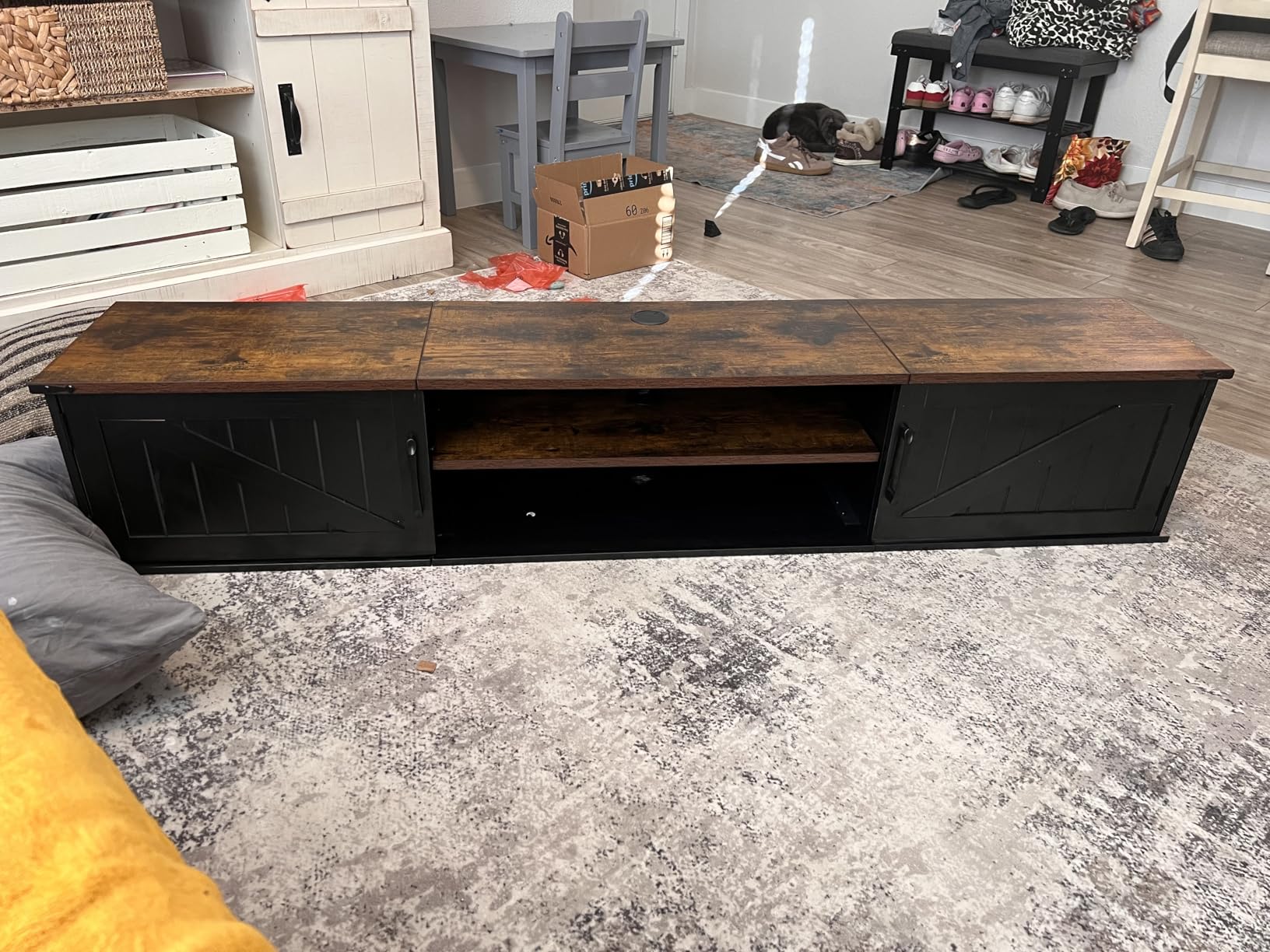 Floating TV Stand with Doors, 63'' Farmhouse Floating TV Shelf for TVs up to 80 Inch, 2 Tier Wall Mounted TV Stand, Floating Entertainment Center, TV Floating Cabinet for Living Room, Bedroom, White customer photo 2