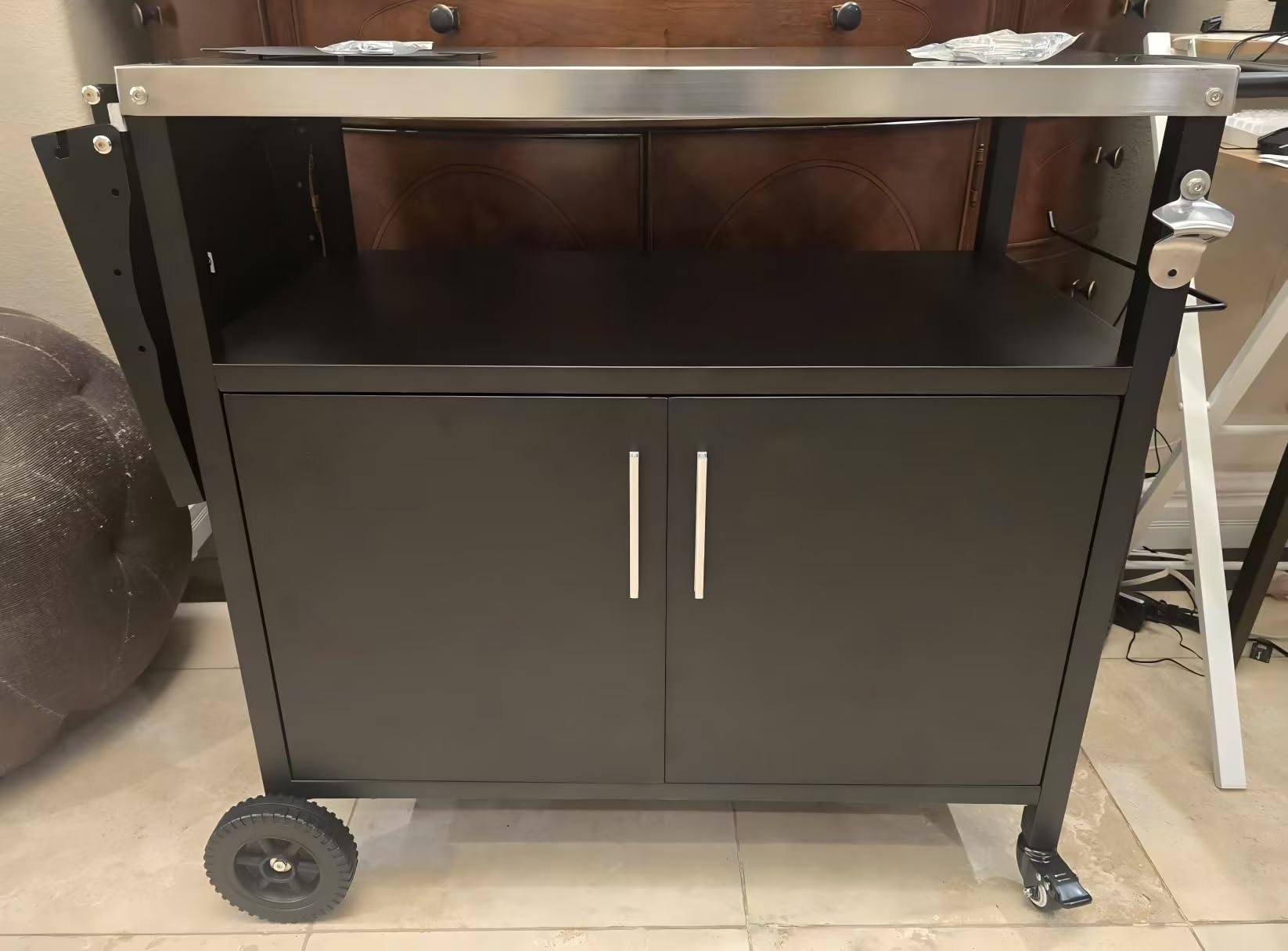 JY QAQA Outdoor Grill Cart with Storage, Patio Kitchen Island Outdoor Grill Table with Wheels, BBQ Cart Movable Pizza Oven Table Stand, Storage Cabinet, Foldable Tabletop, (Black) customer photo 1
