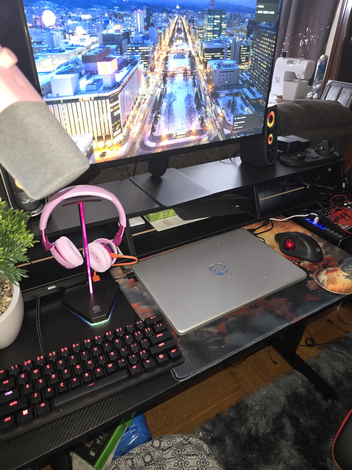 OffiGo Gaming Standing Desk with LED Light, 48 Inch Electric Height Adjustable Table with Power Outlet & Floating Monitor Stand, Sit Stand Computer Workstation for Home, Bedroom, Black customer photo 2
