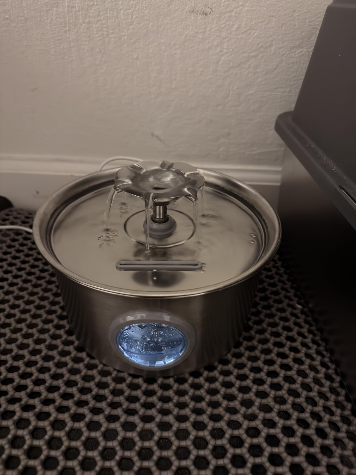 Stainless Steel Cat Water Fountain: 88oz/2.6L Ultra Quiet Pet Fountain with Flower Kitty Spout & LED Blue Light Water Dispenser with Water Level Window for Cats/Dogs Indoor (Silver) - IHOUONE customer photo 2