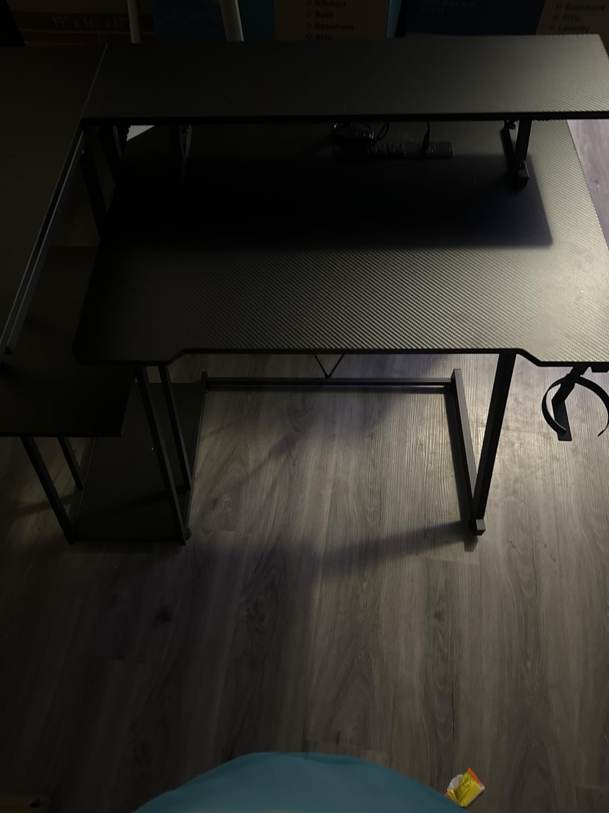 Korfile 40 Inch Gaming Desk with Power Outlet & LED Lights, L Shaped Computer Gaming Table with 3 Tiers Storage Shelves, Corner Gamer Desk with Monitor Stand for Small Space, Carbon Fiber Black customer photo 1