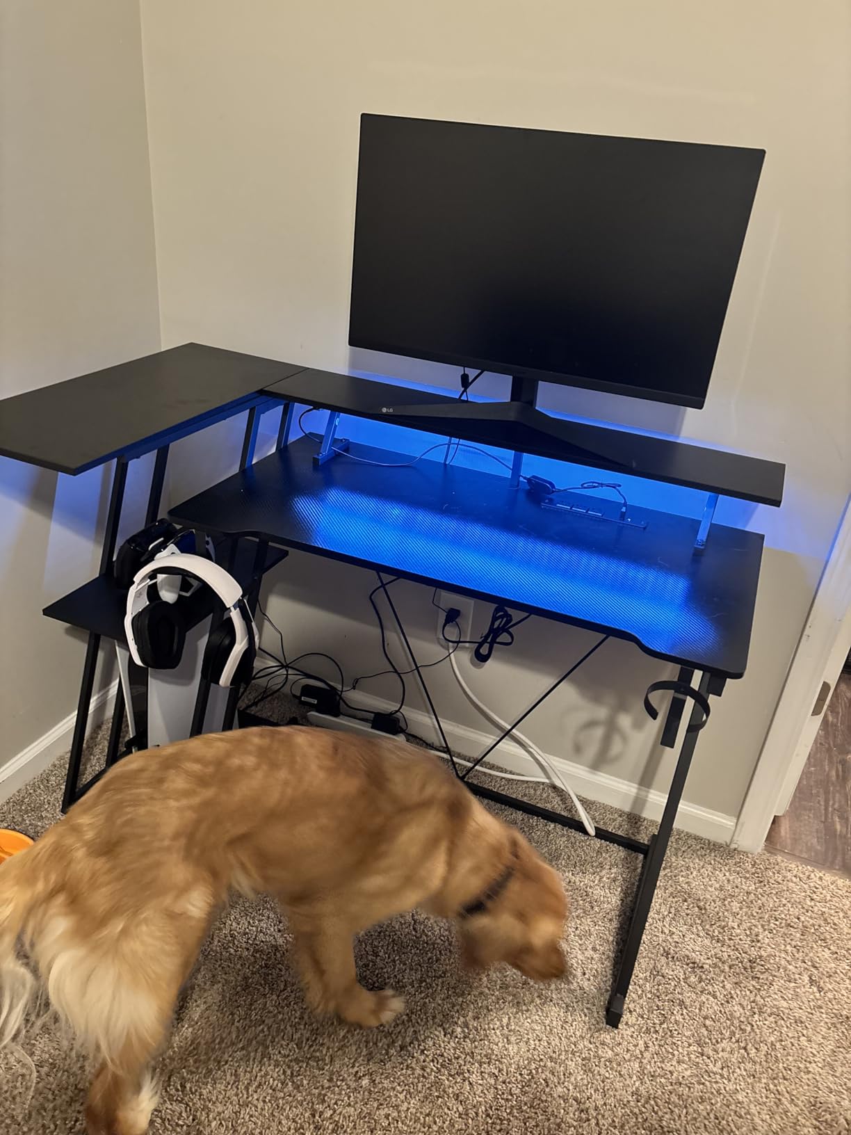 Korfile 40 Inch Gaming Desk with Power Outlet & LED Lights, L Shaped Computer Gaming Table with 3 Tiers Storage Shelves, Corner Gamer Desk with Monitor Stand for Small Space, Carbon Fiber Black customer photo 2