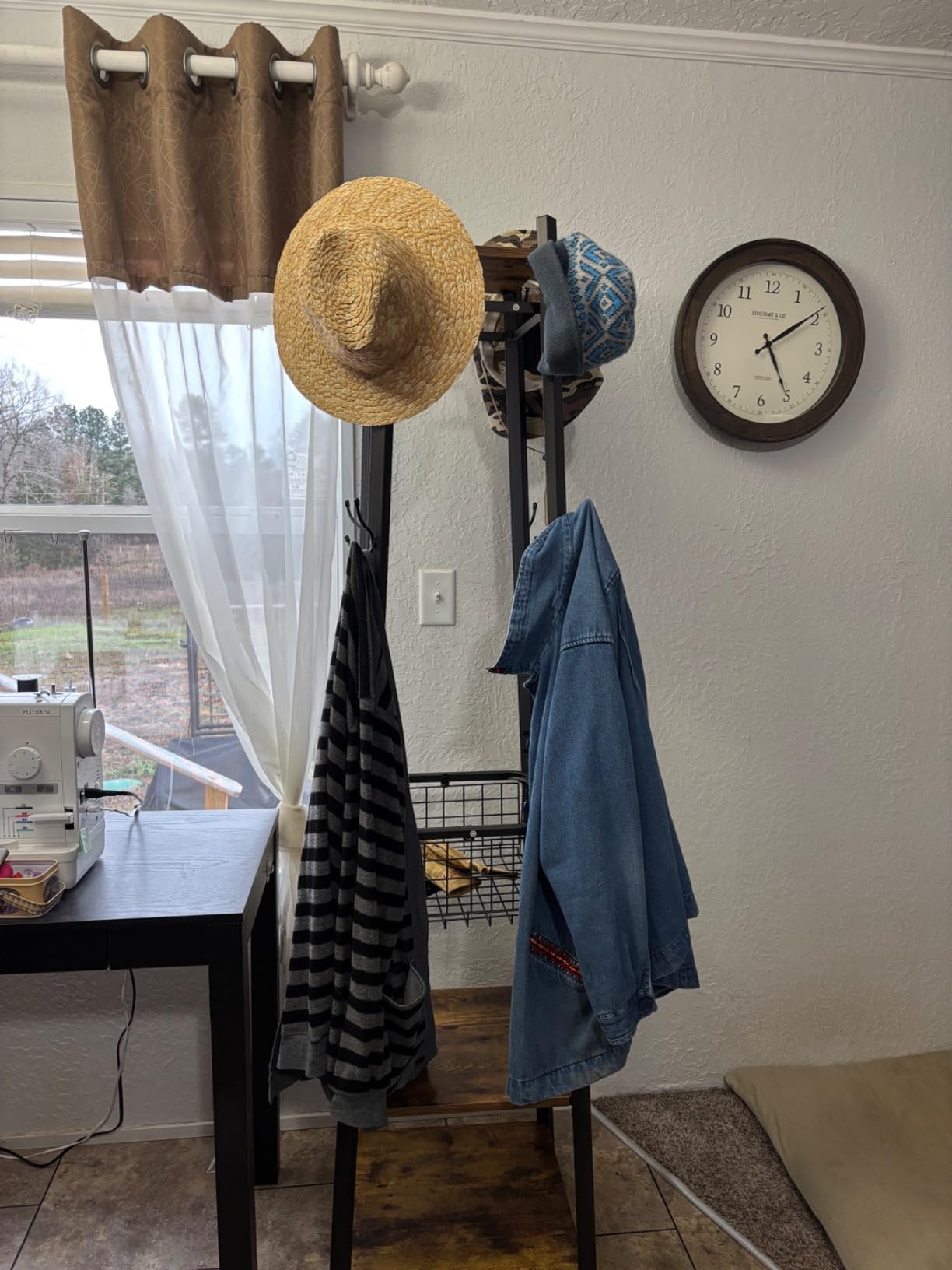 VECELO Coat Rack Freestanding, Hall Tree with Metal Basket and Storage Shelves, Industrial Coat Rack Stand with 8 Hooks, Matte Black customer photo 1