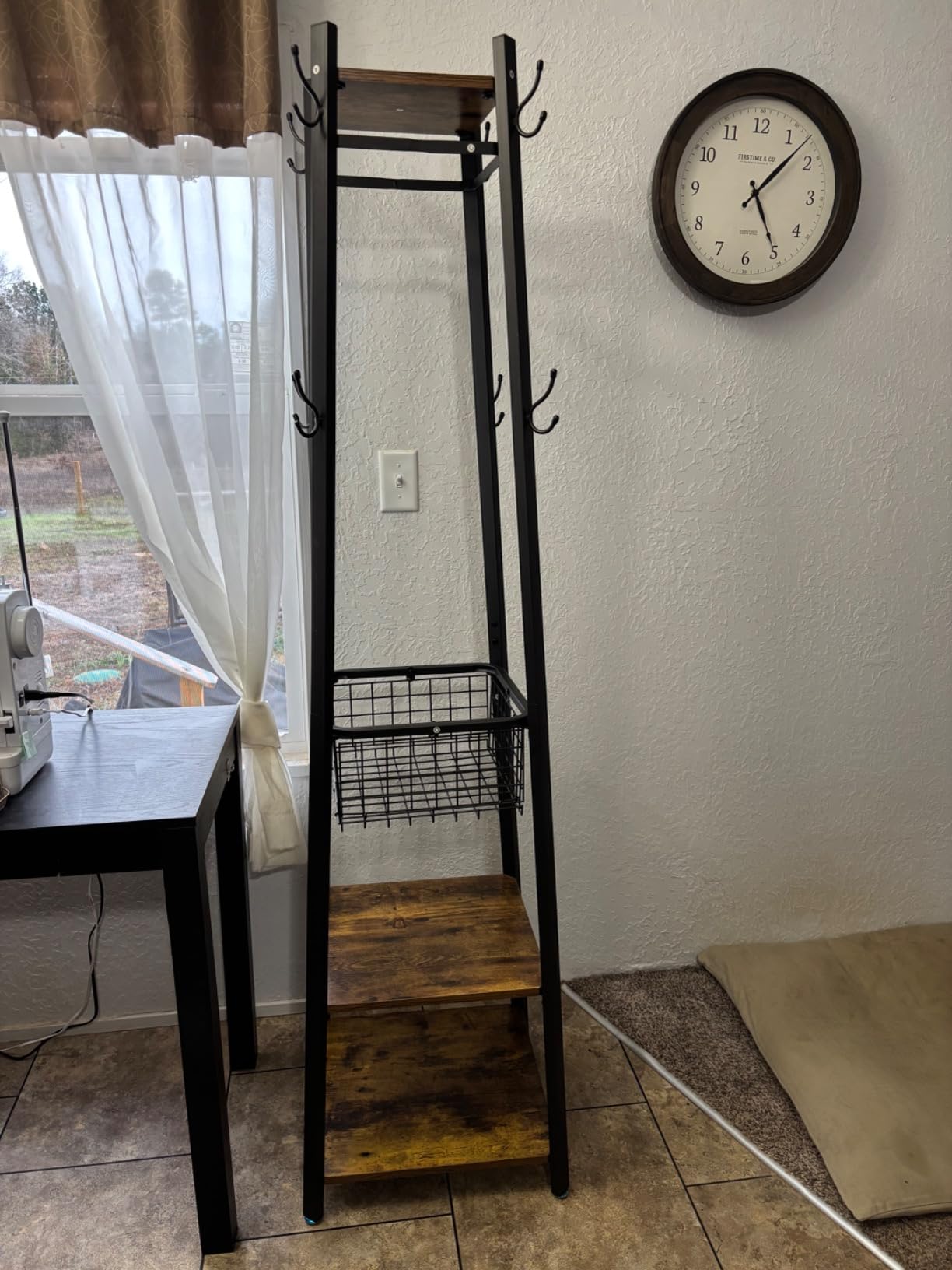 VECELO Coat Rack Freestanding, Hall Tree with Metal Basket and Storage Shelves, Industrial Coat Rack Stand with 8 Hooks, Matte Black customer photo 2