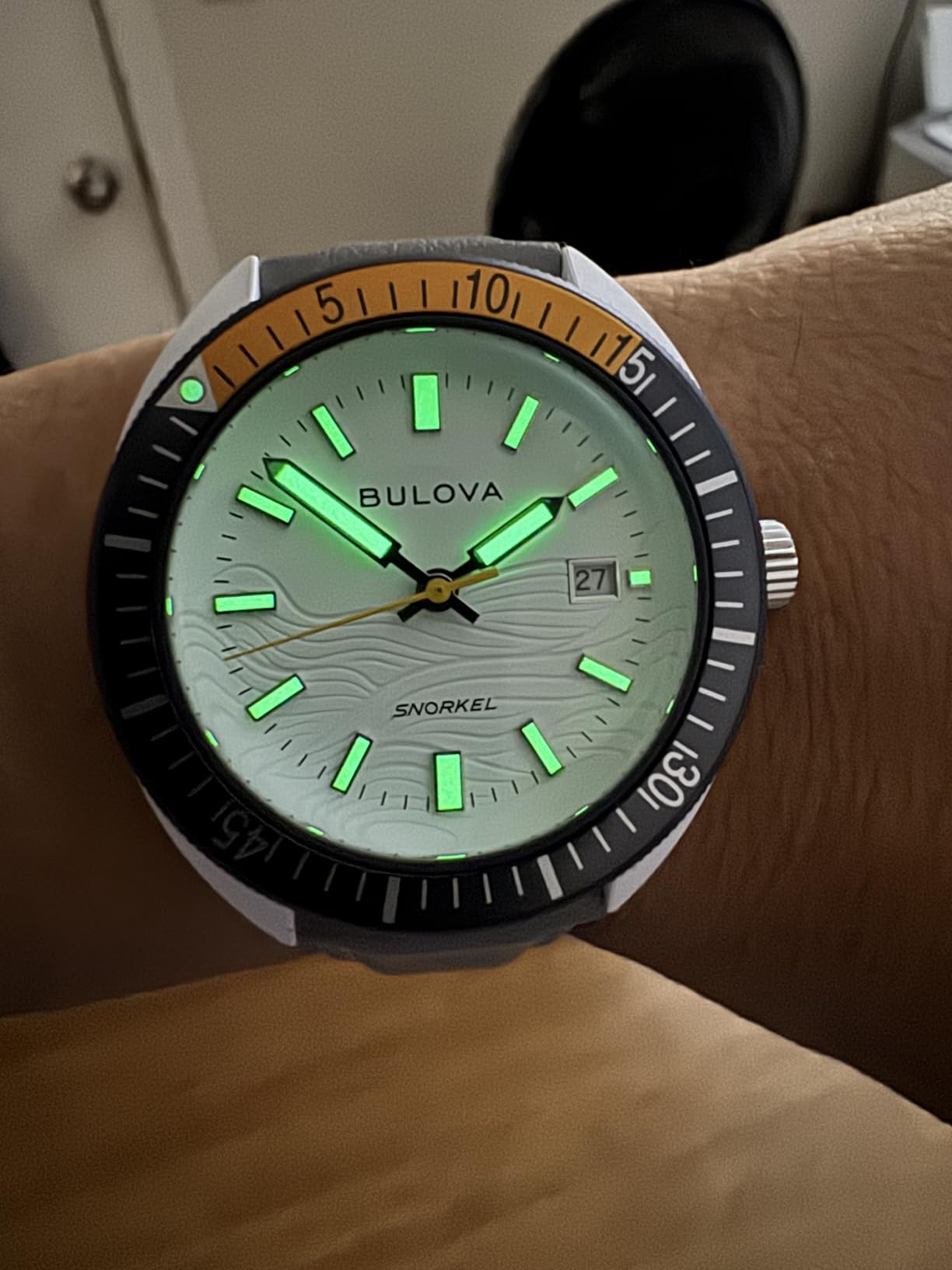 Bulova Oceanographer Snorkel Amazon Exclusive Ceramic Case and White Perforated Rubber Strap Watch, Day Date 100M WR customer photo 2