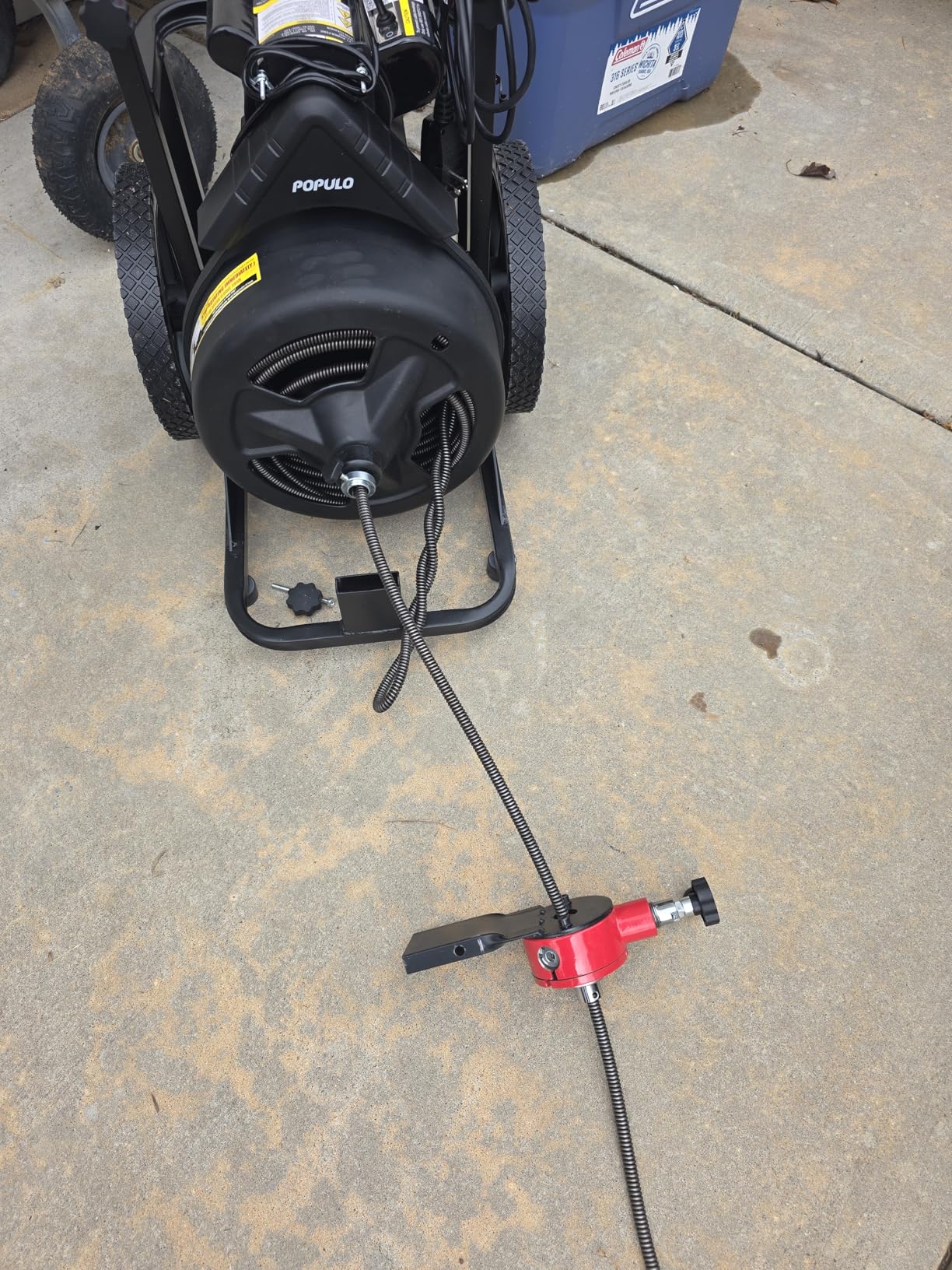 POPULO Drain Cleaner Machine 100Ft x 3/8 Inch, Auto feed Sewer Snake Auger on Wheels, Electric Drain Auger Professional for 1.5 to 3 Inch Pipes & Foot Switch with 8 Cutters customer photo 2