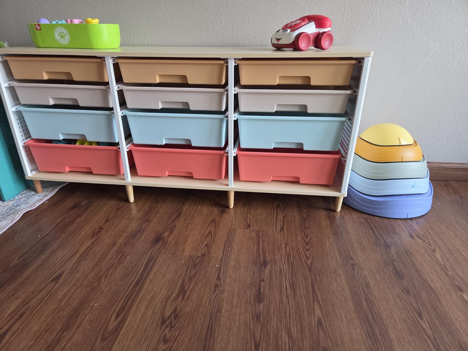 12 Drawers Storage Cabinet with Wooden Top and Plastic Bins, Toy Shelf Storage Chest Cubby Organizer for Home, Office, Playroom, Classroom & Craft Room Storage (White) customer photo 2