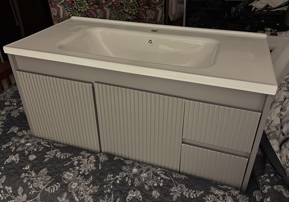 Floating Bathroom Vanity with Sink, 40 Inch Wall Mounted Bathroom Vanity with 2 Drawers and Wave-Carved Design Door, Modern Wooden Cabinet with Ceramic Sink and Storage, White customer photo 2