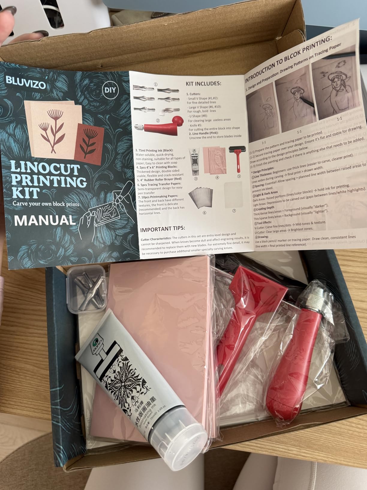 Linocut Kit for Printmaking & Stamp Making: Linocut Tools Block Printing Kit Supplies with Linoleum Blocks, Ink, Brayer, Guide for Beginners customer photo 2
