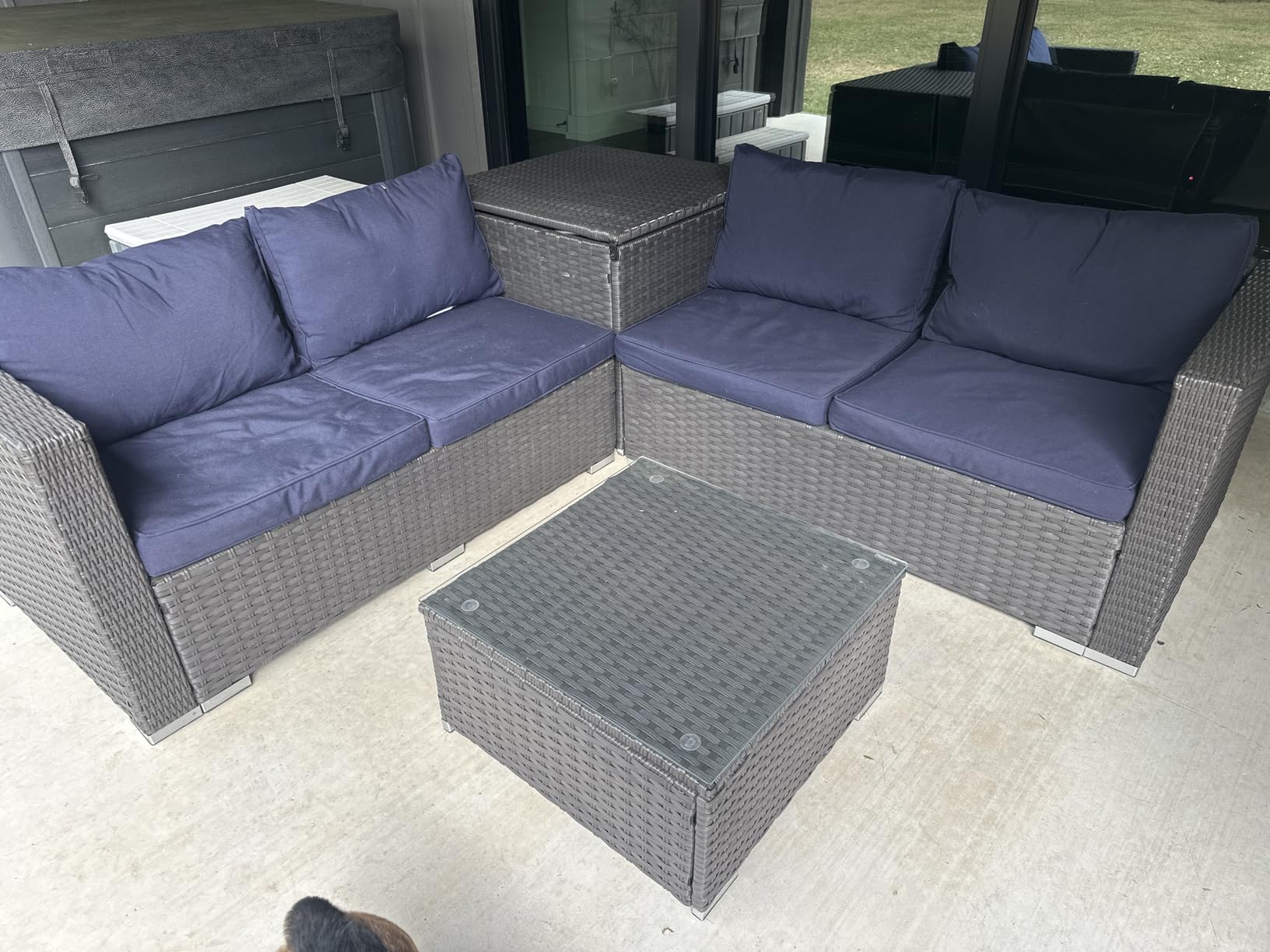 MFSTUDIO 4 Piece Wicker Patio Furniture Set, L Shaped Small Rattan Patio Sectional Sofa Couch Outdoor Conversation Sets with Navy Blue Cushions, Storage Box, Glass Coffee Table for Garden, Backyard customer photo 1
