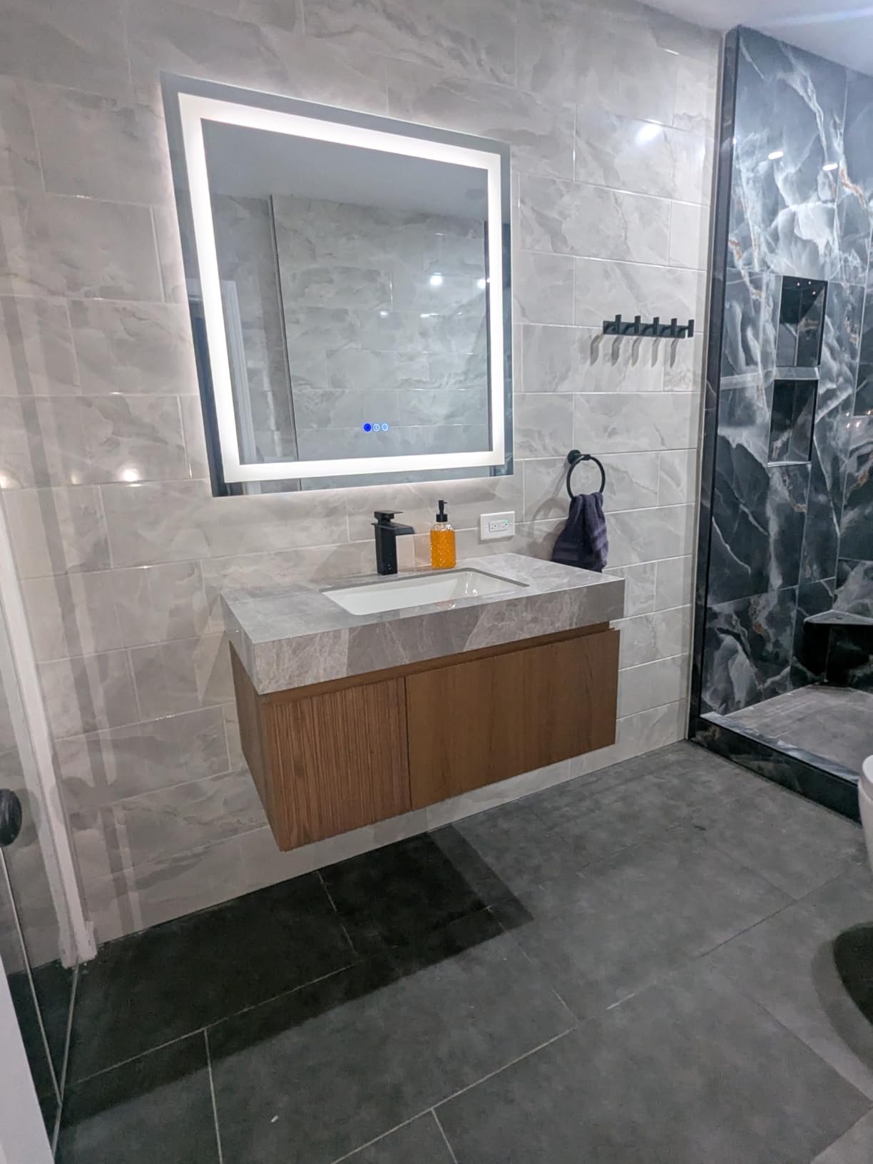 Ambrovina 36 inch Bathroom Vanity with Sink, Wall Mounted Storage Vanities with Drawer and Door, Roma Travertine-Pattern Countertop and Ceramic Basin, Pre-Assembled Cabinet, Light Wooden Color customer photo 2