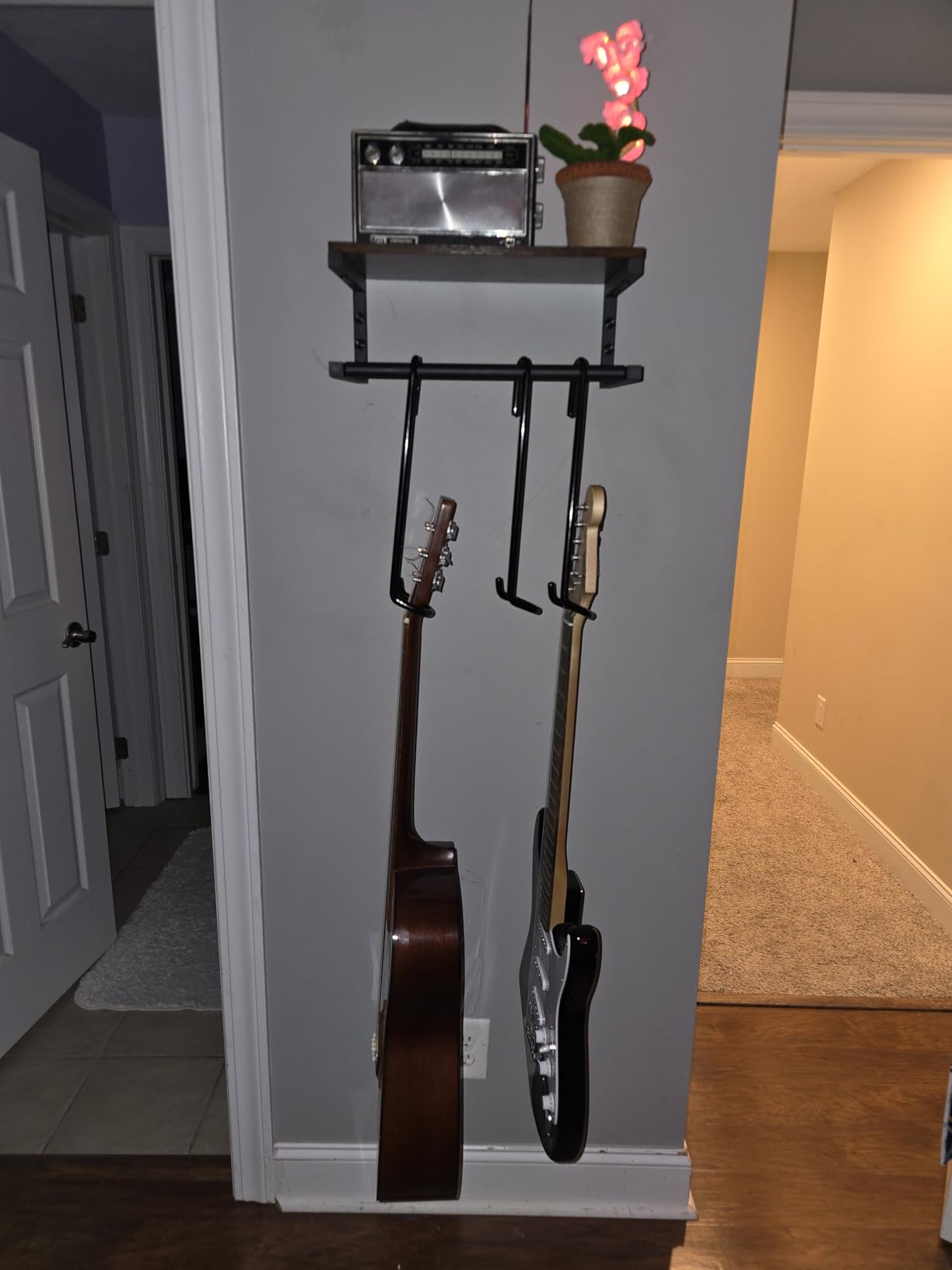 Keebofly Guitar Wall Mount Hangers Holds 6 Guitars with Rustic Shelf - 6-Detachable Guitar Hooks Universal Fit for Acoustic, Electric, Bass Guitars & Ukulele (Brown) customer photo 1