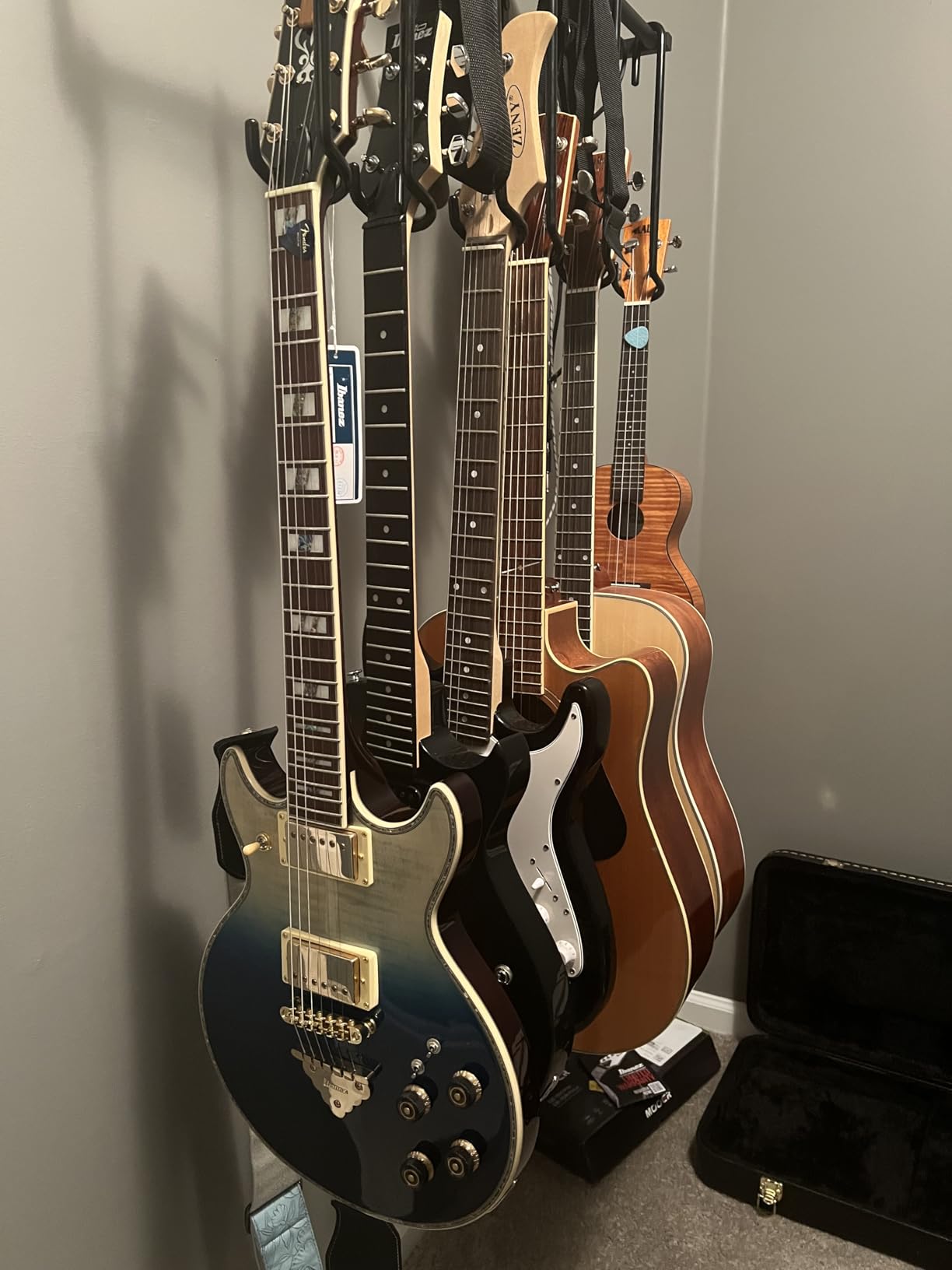 Keebofly Guitar Wall Mount Hangers Holds 6 Guitars with Rustic Shelf - 6-Detachable Guitar Hooks Universal Fit for Acoustic, Electric, Bass Guitars & Ukulele (Brown) customer photo 2