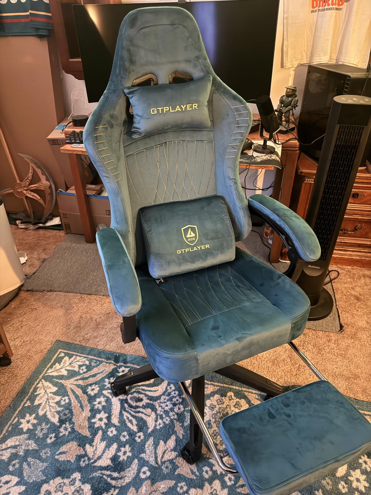 GTPLAYER Big and Tall Gaming Chair with Footrest, Extra Wide Seat Video Game Chairs for Adults - Padded High Back Ergonomic Reclining Silla Gamer, Linkage Armrest, Ace Pro, Blue【Velvet】 (Oversized) customer photo 1
