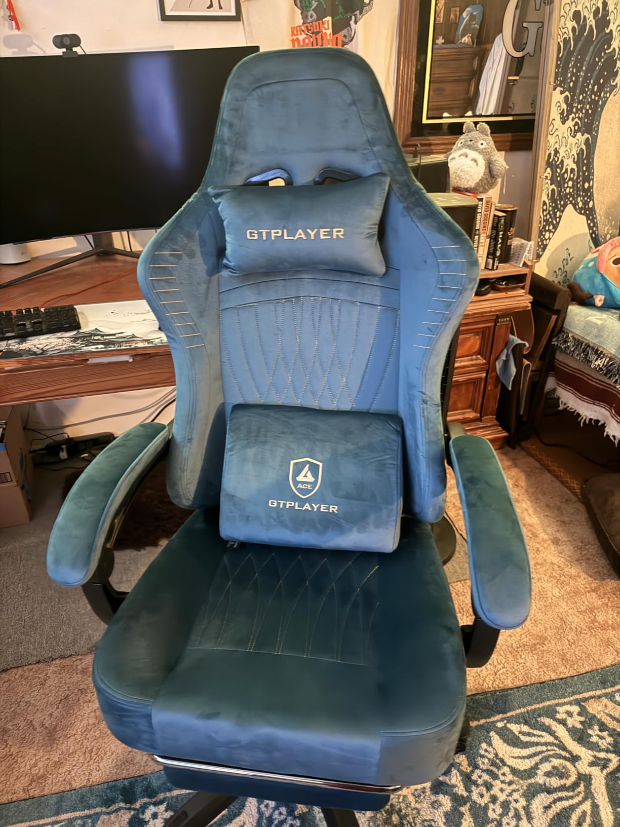 GTPLAYER Big and Tall Gaming Chair with Footrest, Extra Wide Seat Video Game Chairs for Adults - Padded High Back Ergonomic Reclining Silla Gamer, Linkage Armrest, Ace Pro, Blue【Velvet】 (Oversized) customer photo 2