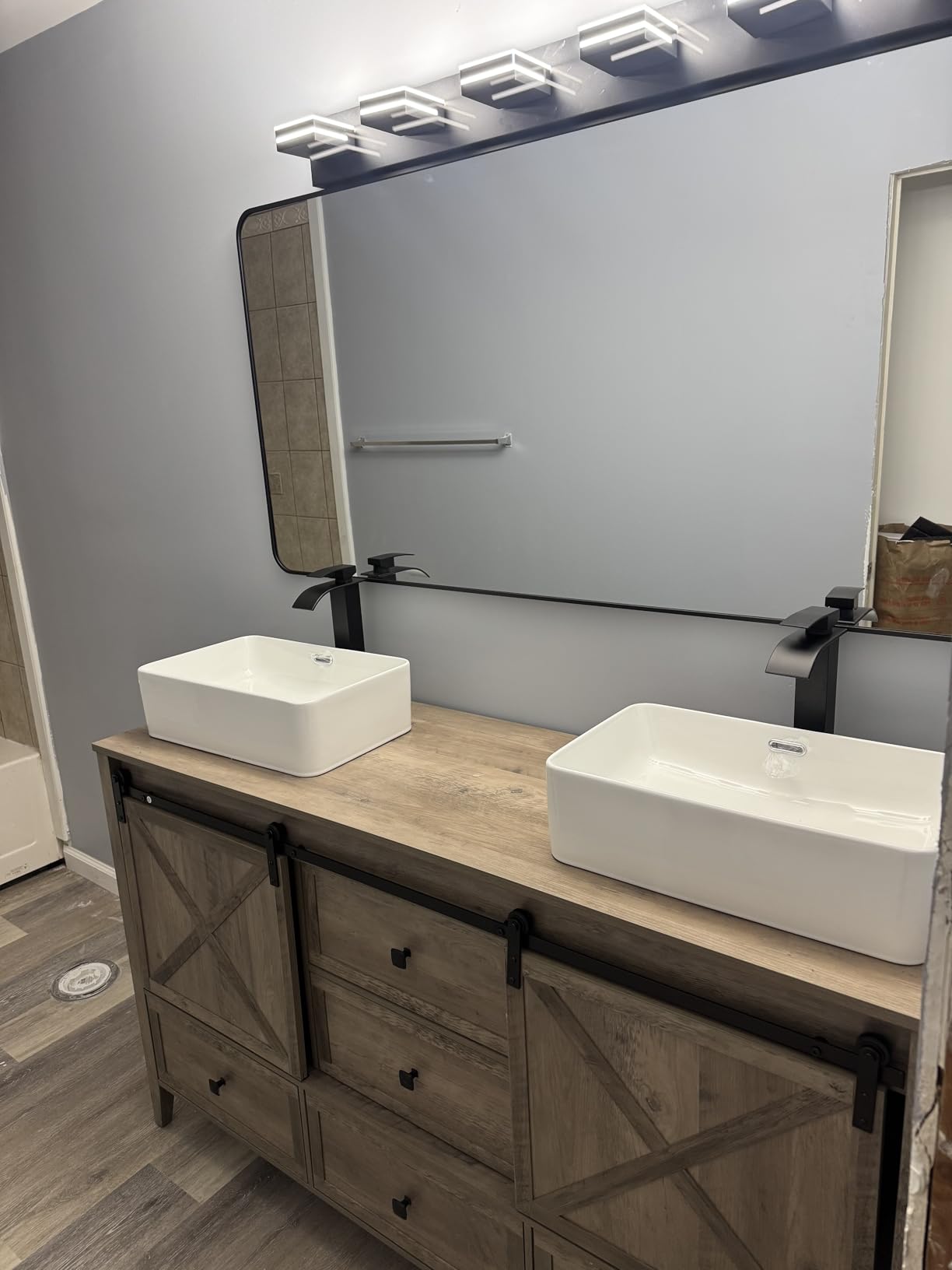 VNN Bathroom Vanity with Sink - 60 Inch Bathroom Vanity Double Sink Ceramic, Freestanding Cabinet with 2 Farmhouse Sliding Barn Doors and 5 Drawers, Space-Saving Storage Cabinet, White Wood Grain customer photo 1
