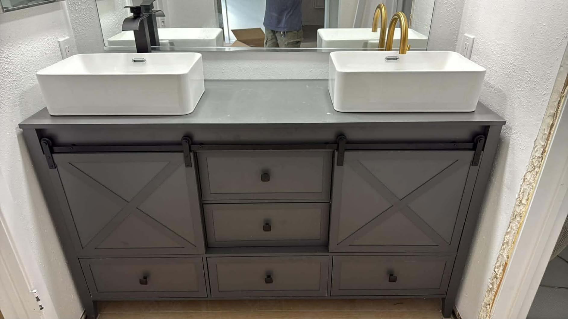 VNN Bathroom Vanity with Sink - 60 Inch Bathroom Vanity Double Sink Ceramic, Freestanding Cabinet with 2 Farmhouse Sliding Barn Doors and 5 Drawers, Space-Saving Storage Cabinet, White Wood Grain customer photo 2