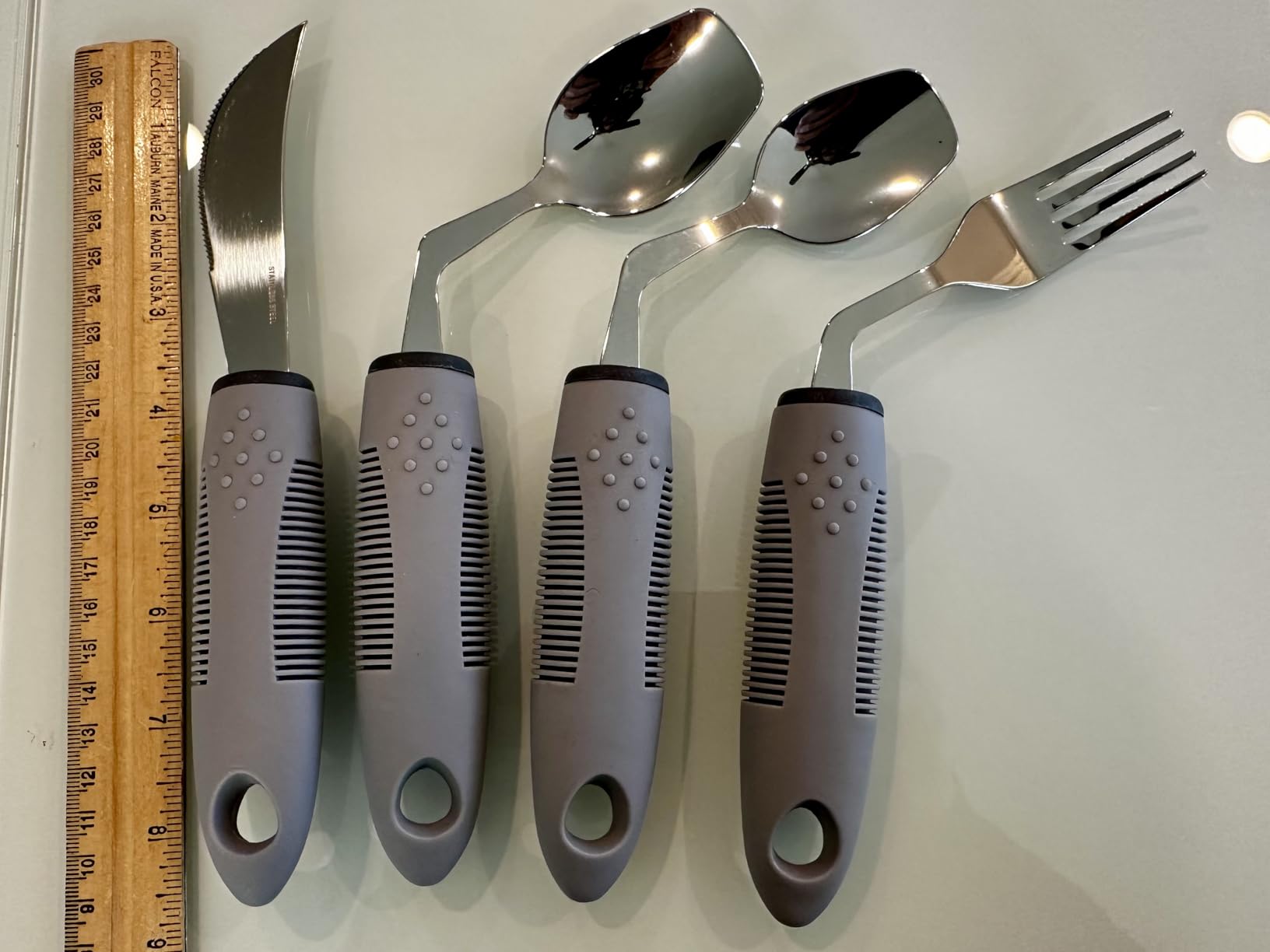 4-Piece Adaptive Utensils Set with Rocker Knife & Shovel Spoon - 42° Angled Parkinsons Utensils, 2.5 oz Weighted Silverware for Hand Tremors and Arthritis, Adaptive Eating Utensils (Grey Right-handed) customer photo 2