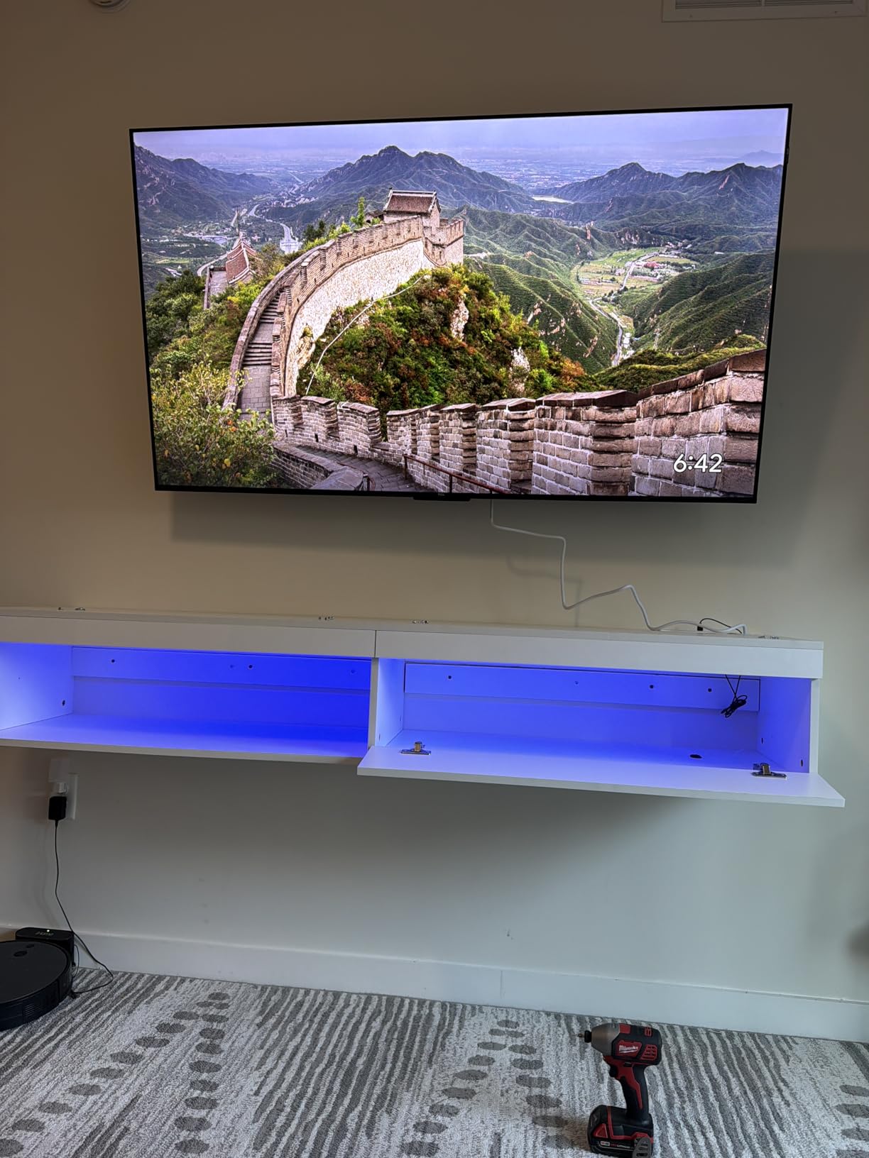Solid Wood Floating TV Stand with LED Lighting & Power Outlet,71