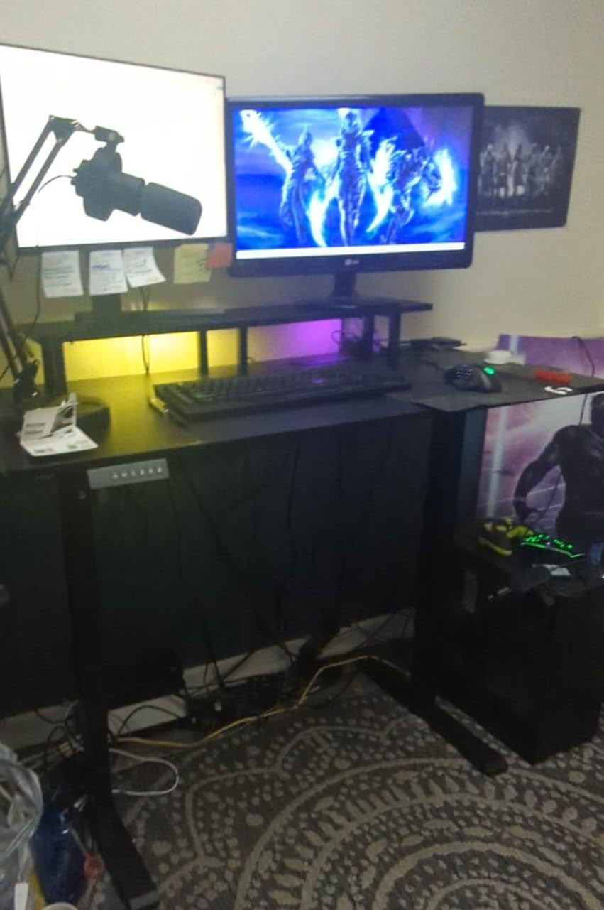 HLDIRECT Electric Standing Gaming Desk with LED Lights, 47 Inch Height Adjustable Gaming Table Sit Stand Computer Workstation with Power Outlet & Monitor Stand, Rising Desk for Home, Bedroom, Black customer photo 1