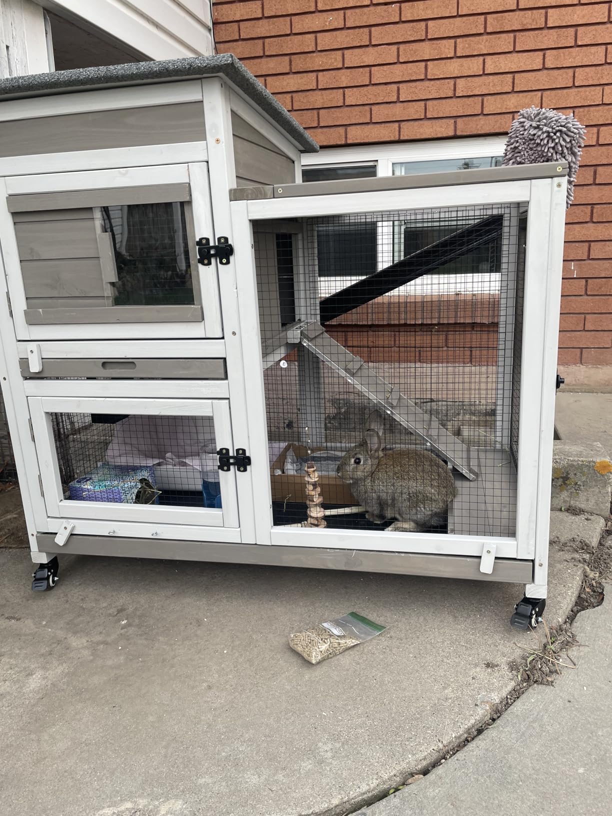 2 Story Rabbit Hutch Indoor & Outdoor, Wooden Rabbit Cage with 2 Leak-Proof Pull-Out Trays, 4 Wheels, Ramp, Chew-Anti Metal Strip for Rabbit, Guinea Pig, Hamster (36