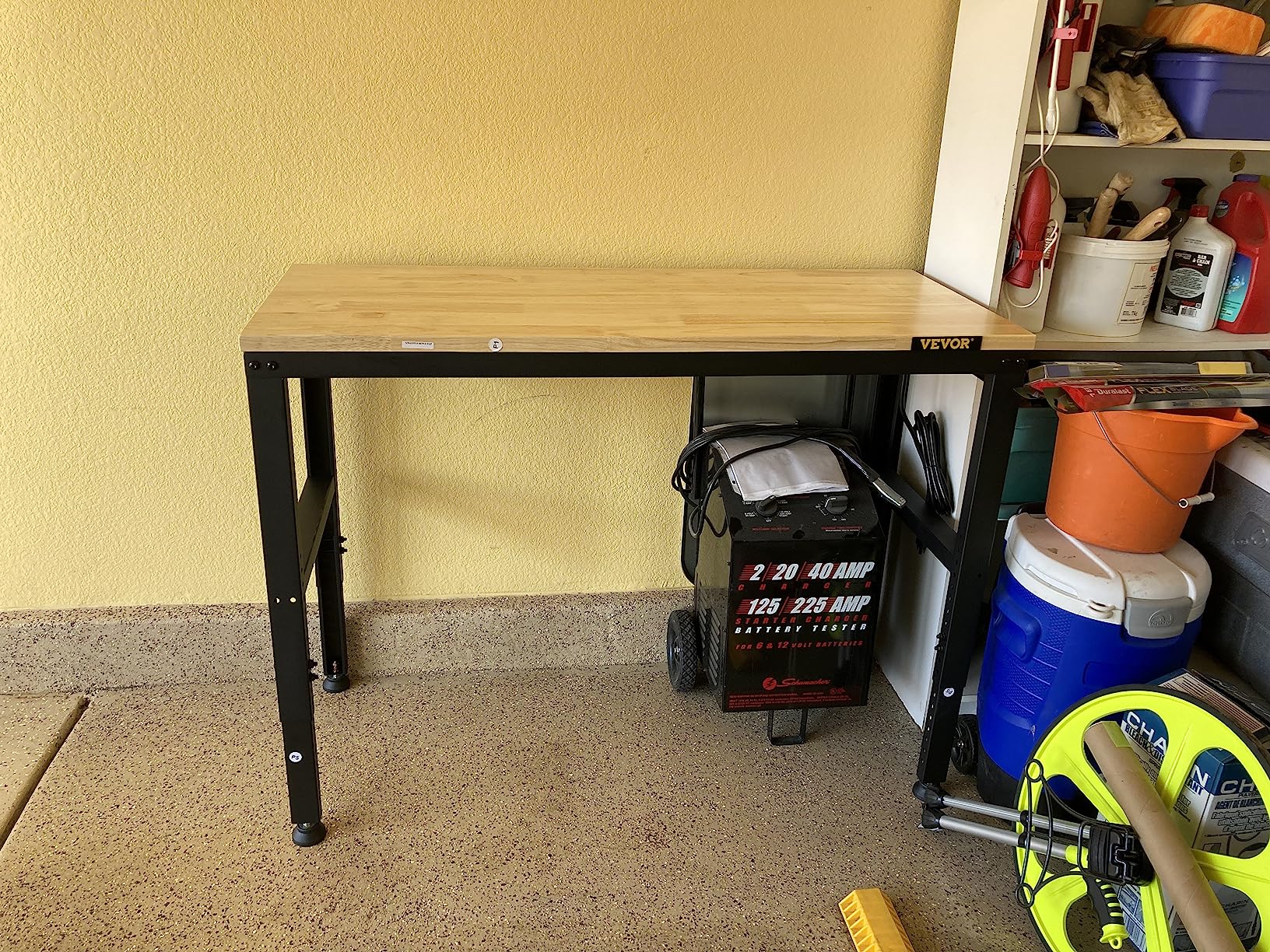 VEVOR Adjustable Workbench on Wheels, 2000 lbs Capacity, 60 x 24 Inch Oak Wood Top Workbench with Drawer & Power Outlets, Heavy-Duty Hardwood Worktable for Garage, Workshop, Home, Office, Commercial customer photo 1