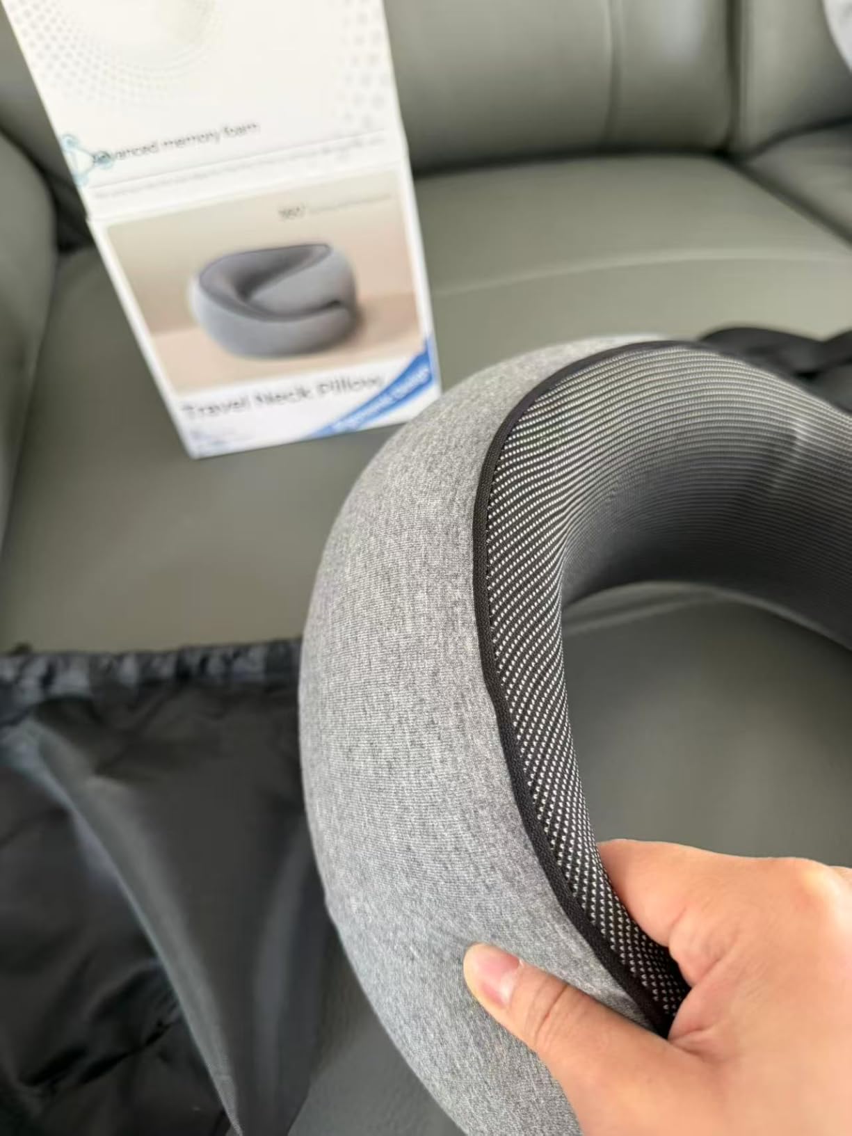 Purroch Travel Neck Pillow with 100% Pure Memory Foam, G-Shape, Includes Eye Mask & Ear Plugs, Ergonomic Design for Airplane, Car & Office, etc, Beige Gray customer photo 1