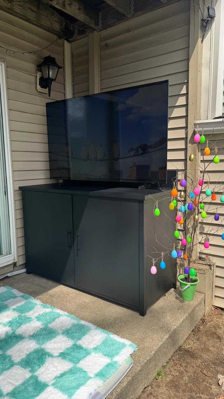 AECOJOY Outdoor Storage Cabinet with TV Mount for 40-85 Inch TVs, Outdoor TV Stand with Storage Cabinet Waterproof, Heavy Duty Metal Entertainment Center for Poolside, Backyard, Garden customer photo 1