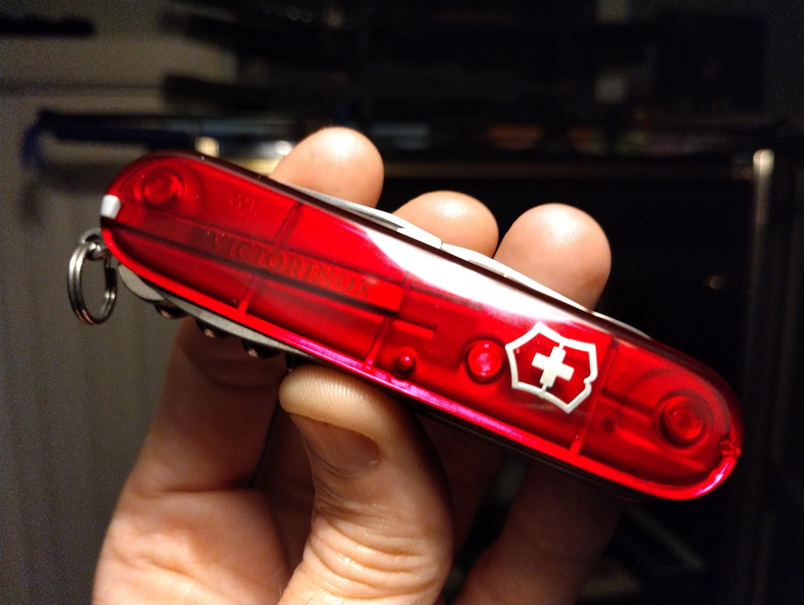 Victorinox Huntsman Swiss Army Knife, 15 Functions, Swiss Made Pocket Knife with Large Blade, Screwdriver, Scissors and Wood Saw - Red Transparent customer photo 1