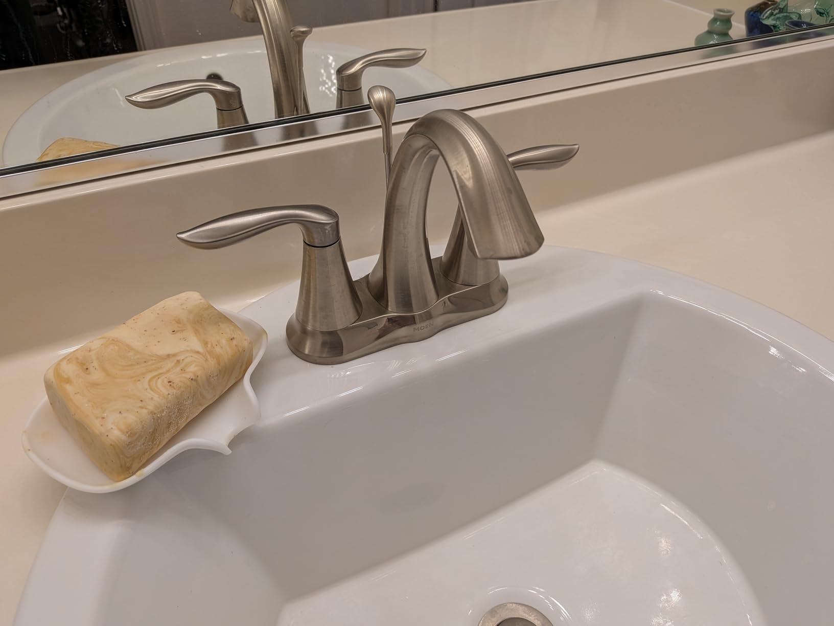 Moen Eva Brushed Nickel Two-Handle 4-Inch Centerset Bathroom Faucet with Drain Assembly, Bathroom Faucets for Sink 3-Hole, 6410BN customer photo 2