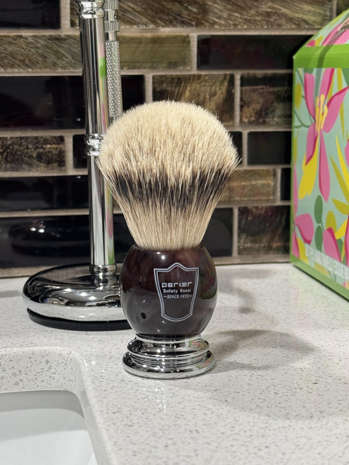 Parker 100% Silvertip Badger Shaving Brush - Olivewood Handle, Long-Loft 22mm Knot with Resin Stand - Super Soft Bristles for a Rich Lather customer photo 1