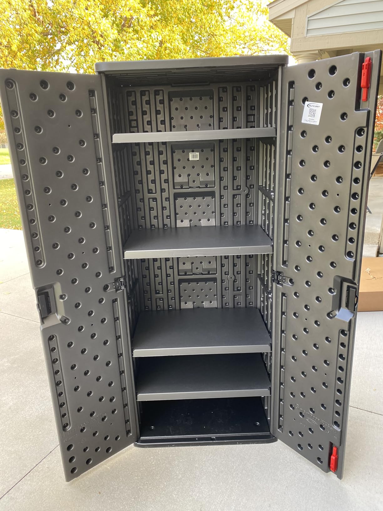 Suncast 19 Cubic Ft. Heavy-Duty Resin Cabinet with Lockable Handles, Multi-Wall Construction, and Metal-Reinforced Shelves for Basement, Utility Room and Garage Storage, Black, Made in the USA customer photo 2