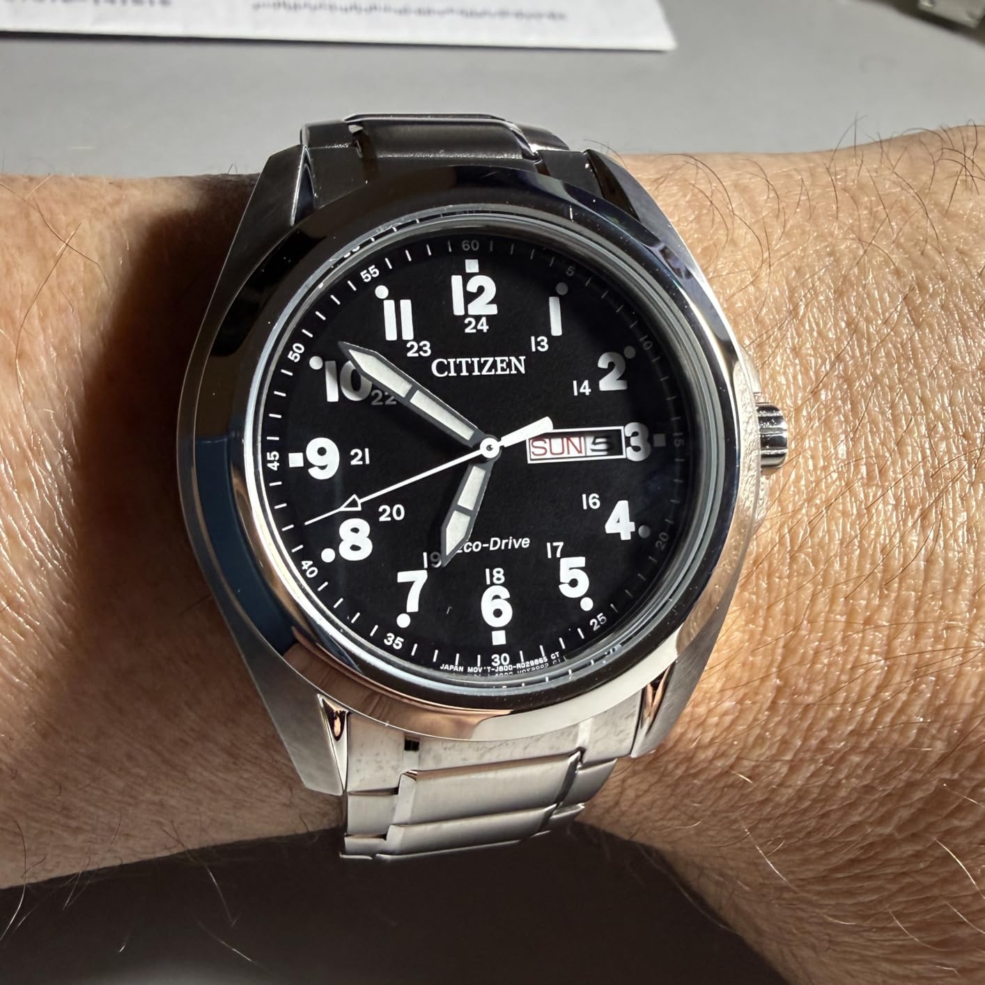 Citizen Men's Eco-Drive Weekender Garrison Field Watch, Stainless Steel, Black Dial, Arabic Markers, Luminous, 43mm (Model: AW0050-82E) customer photo 1