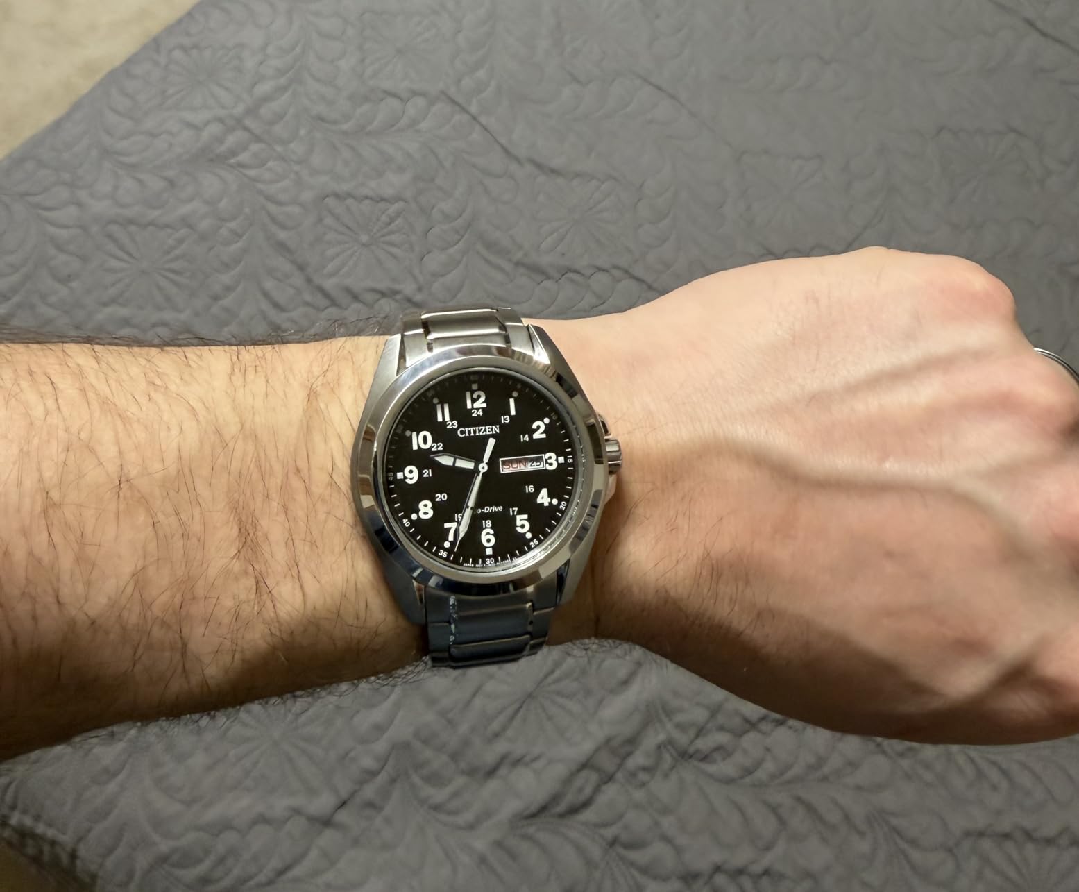 Citizen Men's Eco-Drive Weekender Garrison Field Watch, Stainless Steel, Black Dial, Arabic Markers, Luminous, 43mm (Model: AW0050-82E) customer photo 2