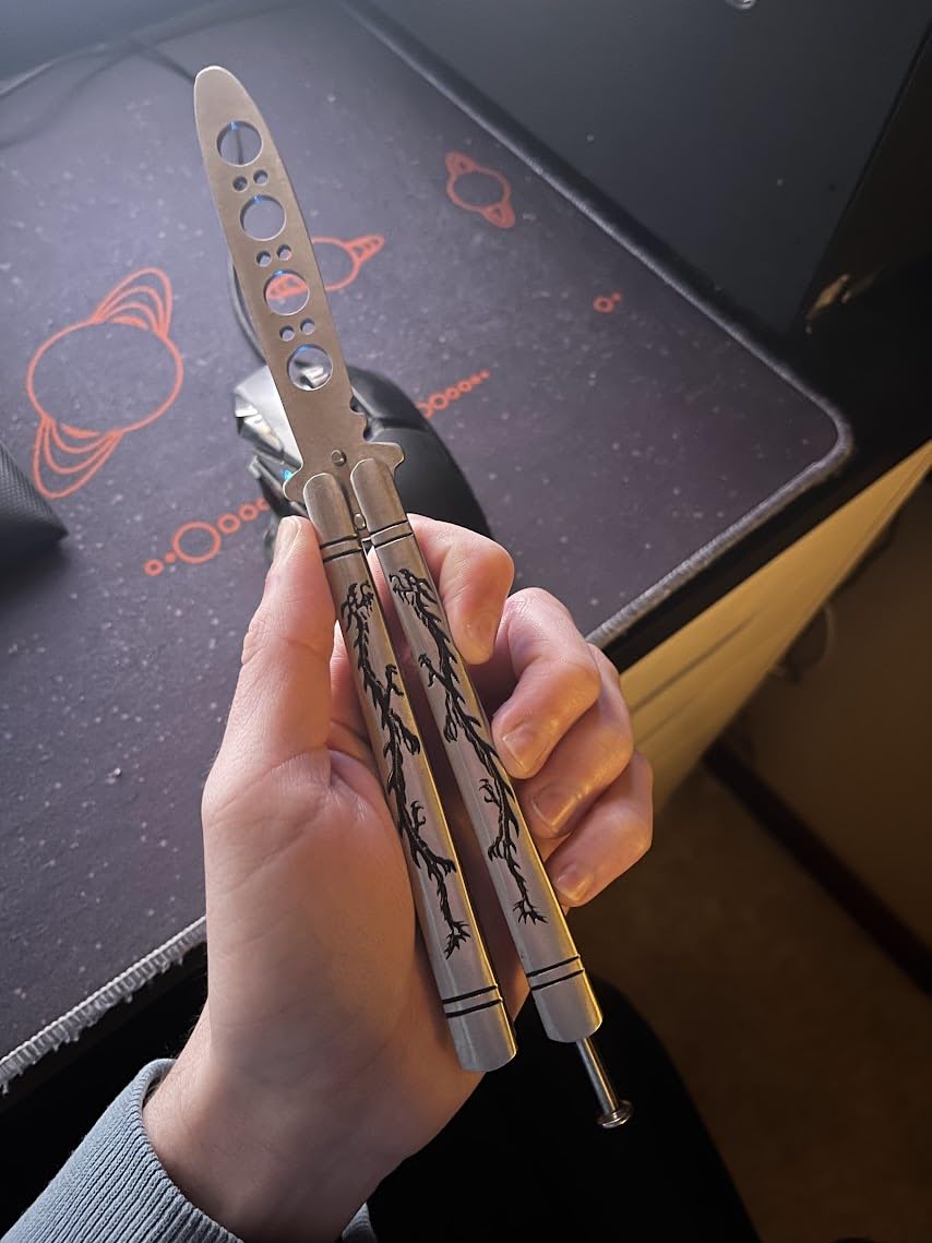 VORNNEX Practice Butterfly Knife Trainer with Sure Spring Latch, Full Stainless Steel Black Dull Balisong, Unsharpened Butterfly Knives Comb for CSGO Training (Silver) customer photo 1