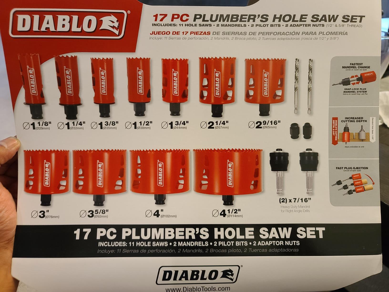 Diablo Bi-Metal Hole Saw Set for Plumbers - Fits with Snap-Lock Plus Mandrel System - 11 Saw Cups, 2 Pilot Bits, 2 Adaptor Nuts - DHS17SPL customer photo 2