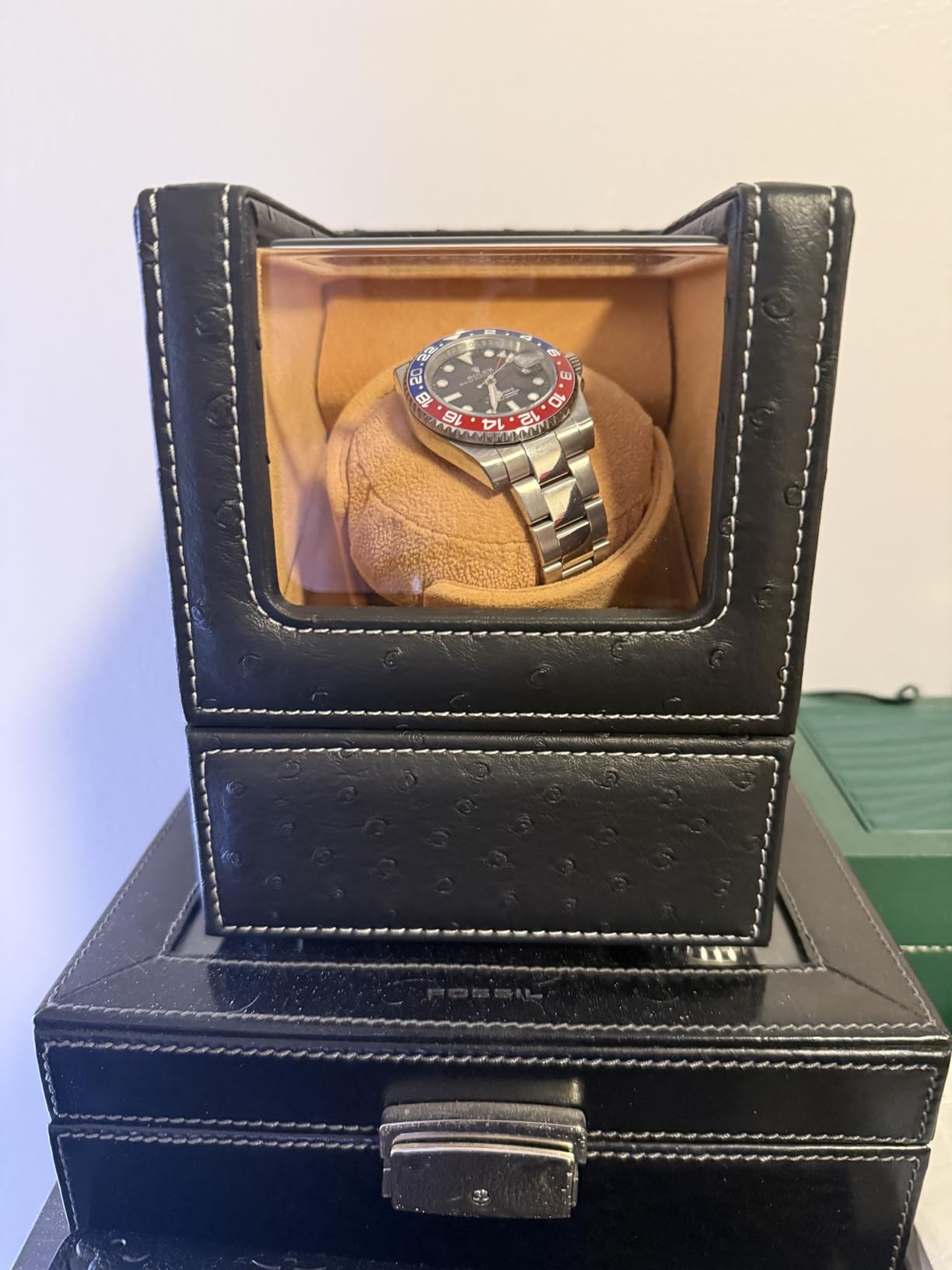 Automatic Single Watch Winder for Rolex and Other Luxury Watches - Automatic Winder with Quiet Motor, Premium Black Ostrich Leather Exterior and Soft Flexible Watch Pillows of Camel Velvet customer photo 2