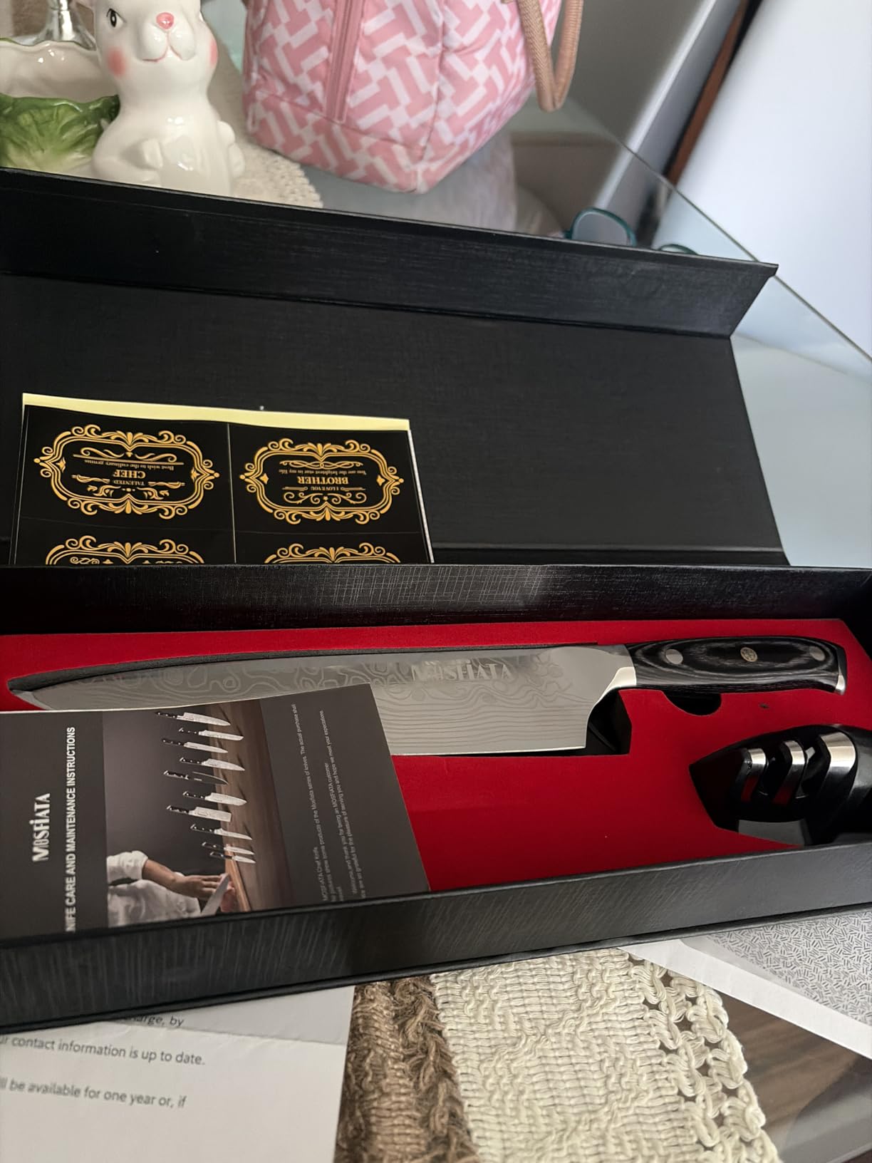 MOSFiATA Santoku Knife- 7 Inch Vegetable Knife Ultra Sharp Chopping Knife- Forged EN.4116 German Steel- Including Sheath,Finger Guard,Knife Sharpener,Full Tang,Best Gifts with Handmade Gift Box customer photo 1