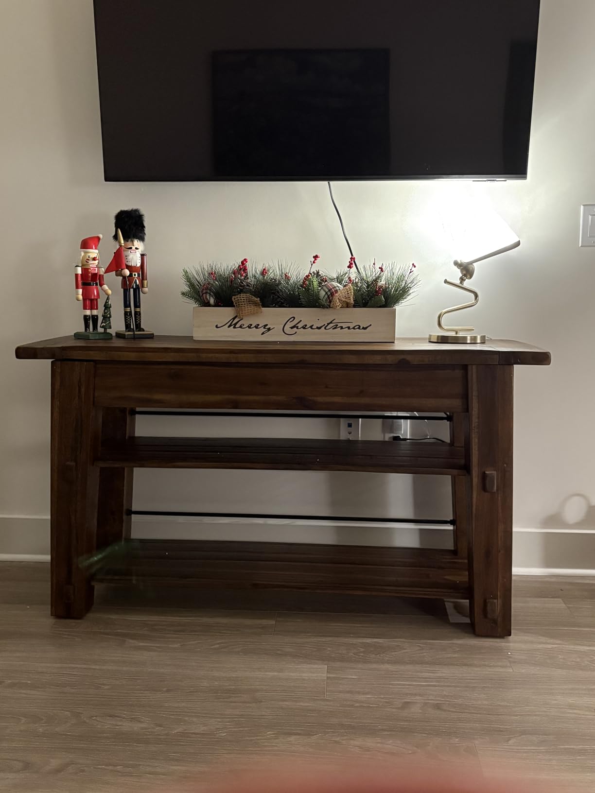 Durango 54-Inch Farmhouse-Industrial Style Wood Console Table with Two Open Shelves, Solid Wood Top, and Natural Grain and Knots by Alaterre Furniture customer photo 1