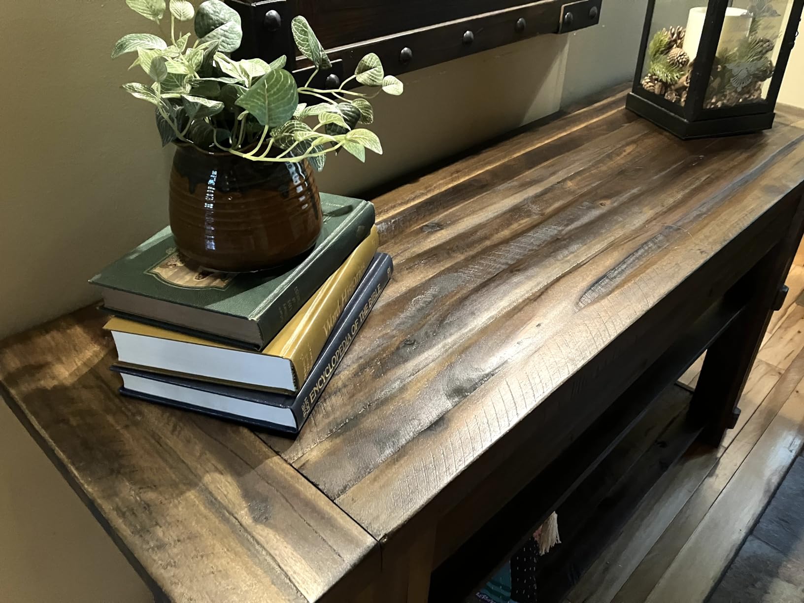 Durango 54-Inch Farmhouse-Industrial Style Wood Console Table with Two Open Shelves, Solid Wood Top, and Natural Grain and Knots by Alaterre Furniture customer photo 2