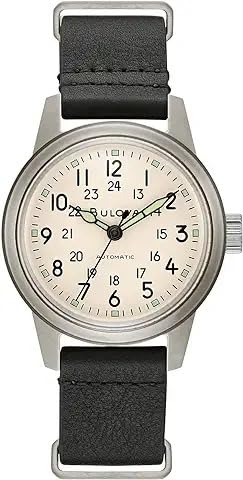 Bulova Men's Military Heritage Hack Stainless Steel 3-Hand Automatic Watch, NATO Leather Strap, Luminous Hands and Markers, Black Leather/Ivory Dial customer photo 2