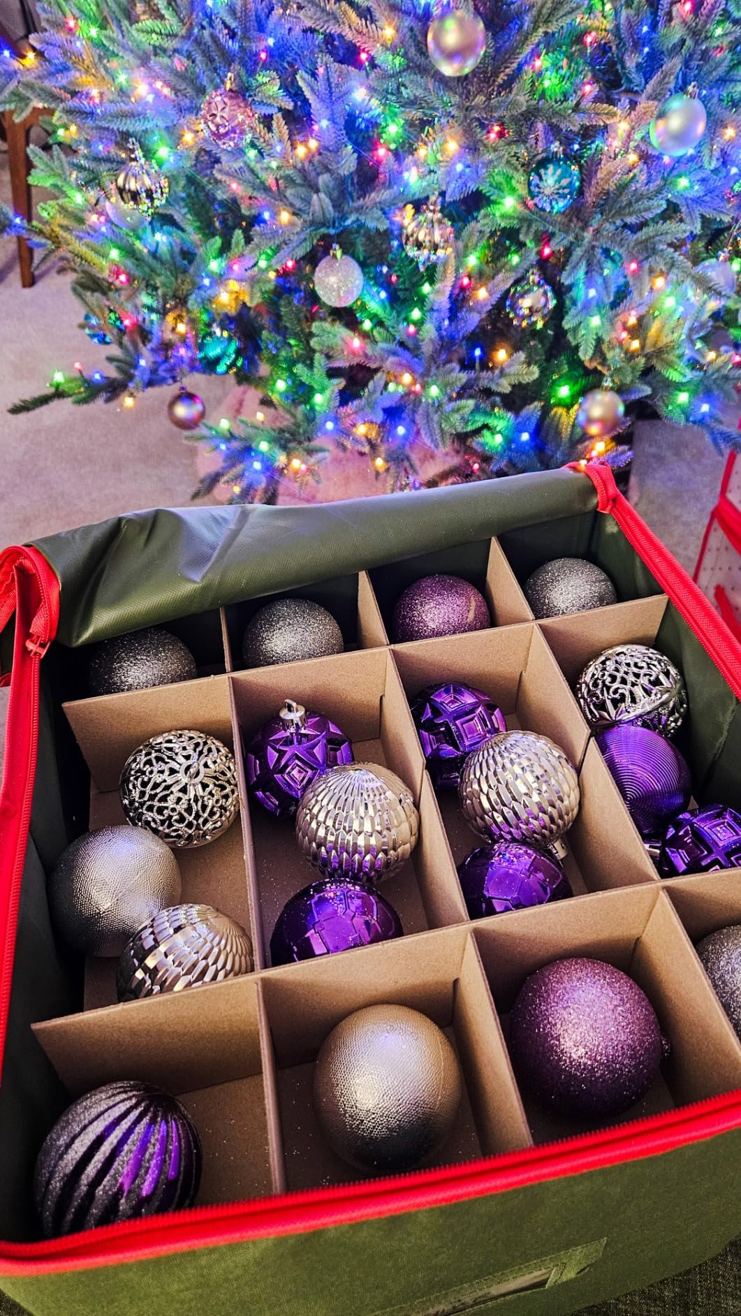 Handy Laundry, Christmas Ornament Storage - Stores up to 64 Holiday Ornaments, Adjustable Dividers, Covered Top, Two Handles. Storage Box Keeps Holiday Decorations Clean & Dry for Next Season. (Red) customer photo 2
