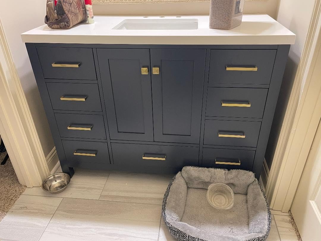 ARIEL Cambridge 48-inch Bathroom Vanity with Sink, Solid Wood, 1.5-inch Pure White Quartz Countertop & Backsplash, Single Rectangular Porcelain Sink, 2 Soft Closing Doors, 9 Dovetail Drawers, White customer photo 2